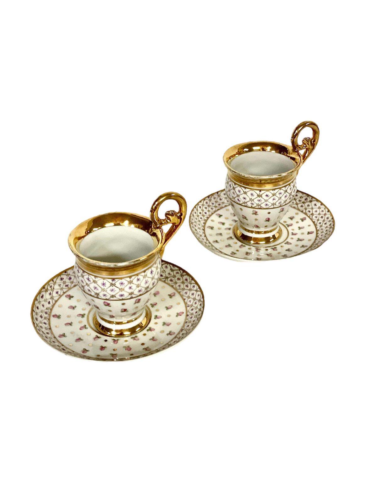 Antique Pair Of Paris Porcelain Gilded Coffee Cups And Saucers photo furniture