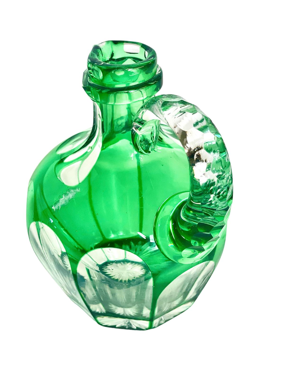 Vintage French Green Overlay Crystal Liqueur Decanter With Handle photo Home Decor
