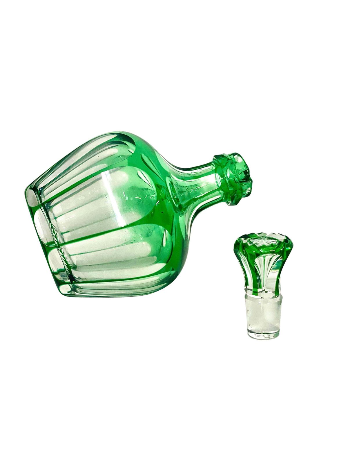 Vintage French Green Overlay Crystal Liqueur Decanter With Handle photo 464.0