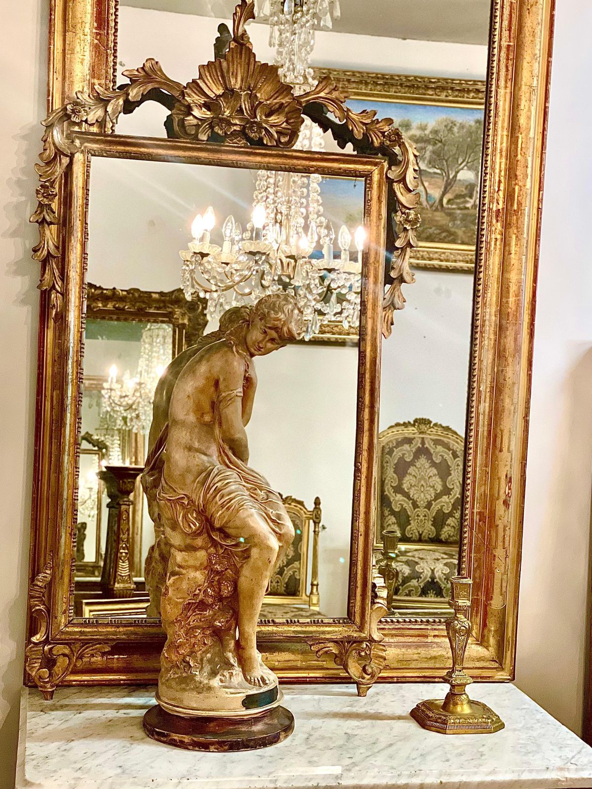 19th Century Giltwood Mantle Mirror With Ornate Crest photo vintage