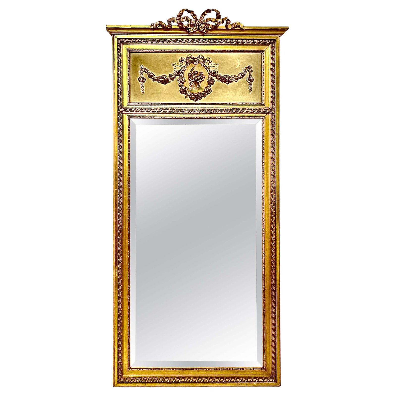 19th Century Louis XVI Trumeau Gilded Mirror With Mischievous Cherubs Design