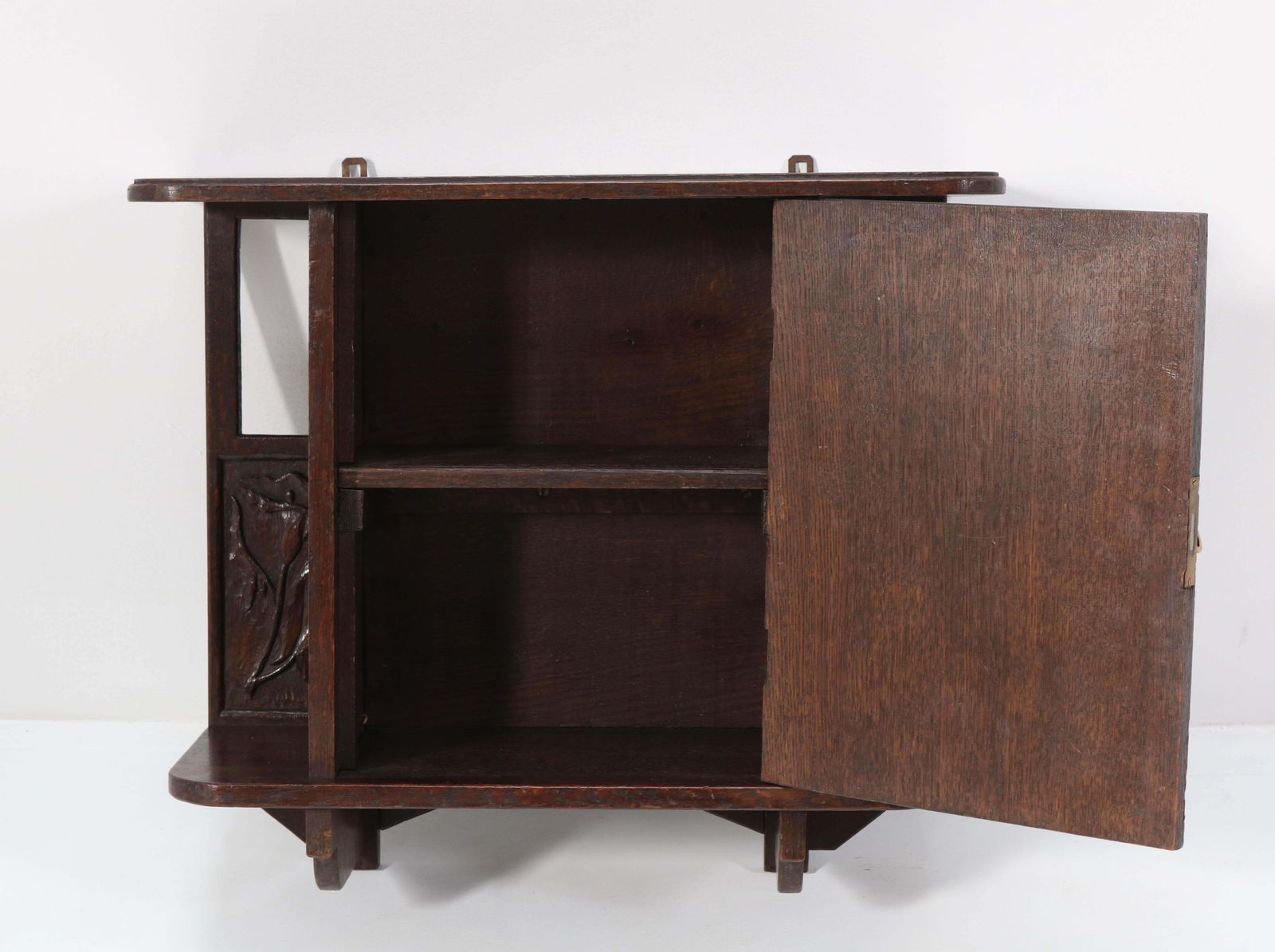 Oak Arts & Crafts Art Nouveau Wall Cabinet With Calla Lilies, 1900s photo buy