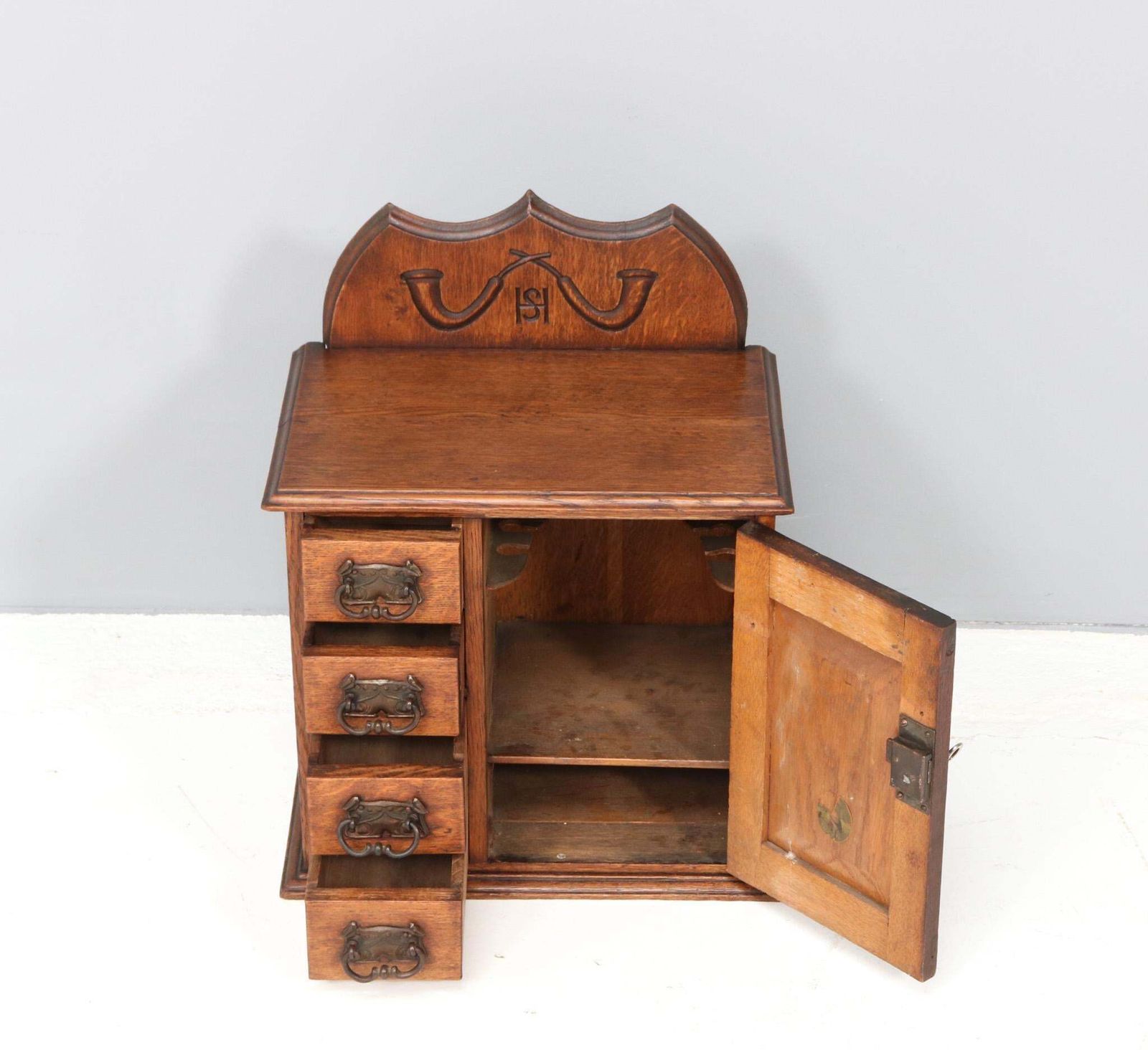 Oak Arts & Crafts Wall Cabinet With Hand Carved Stork, 1900s photo for sale