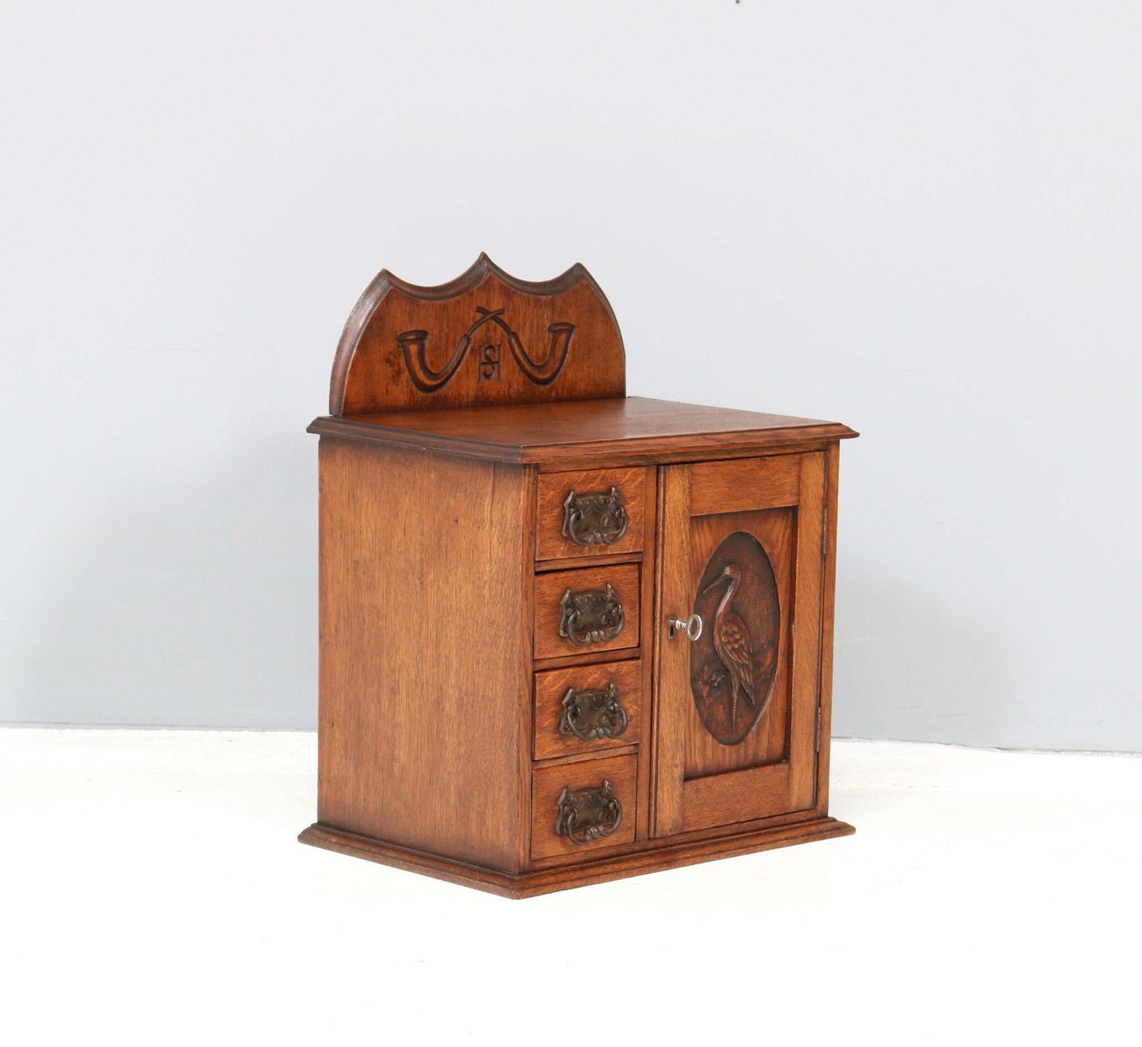 Oak Arts & Crafts Wall Cabinet With Hand Carved Stork, 1900s photo 1240.0
