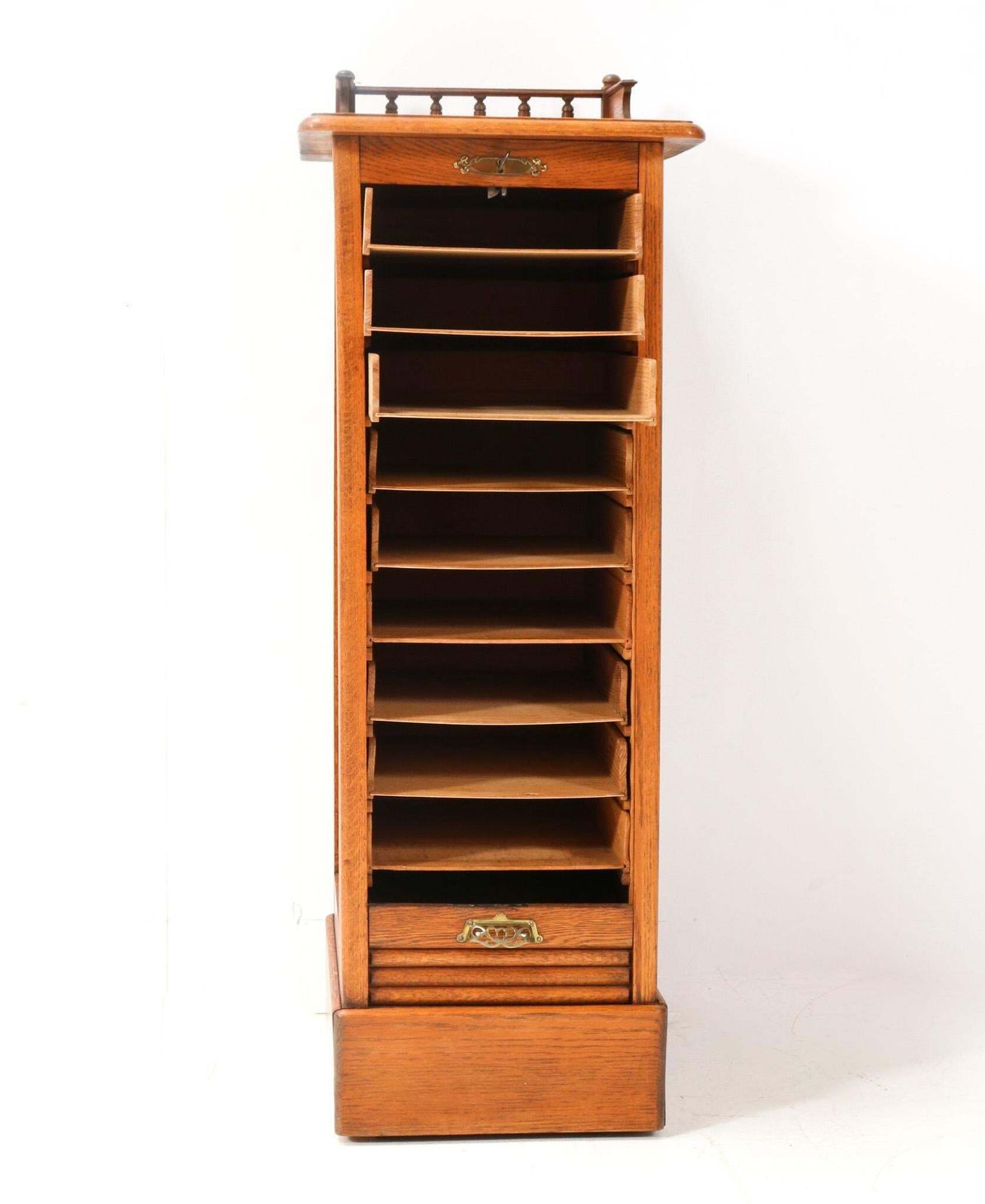 Oak Art Nouveau File Cabinet With Roll Top Door, 1900s photo vinterior