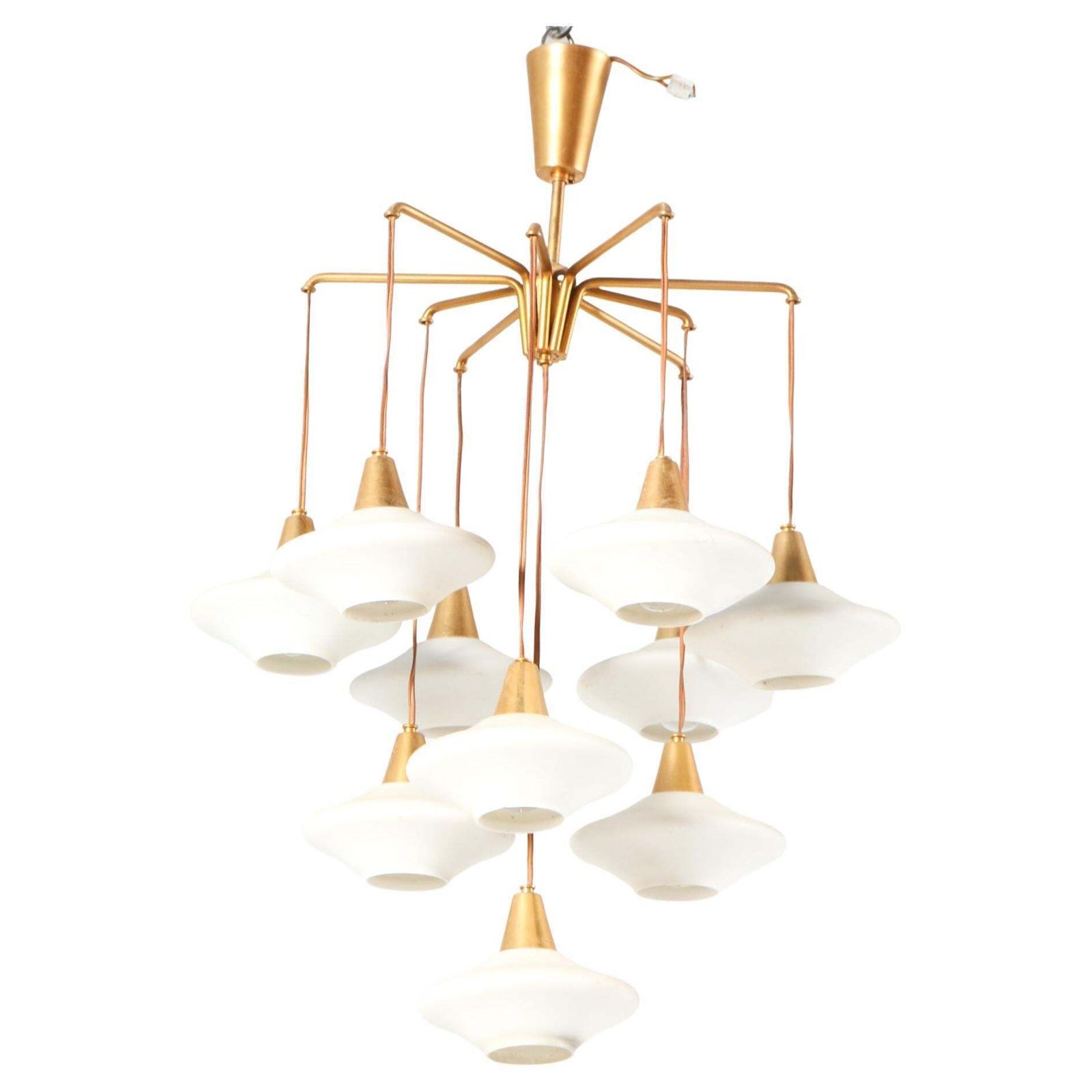 Mid Century Modern Chandelier With Ten Milk Glass Shades, 1960s