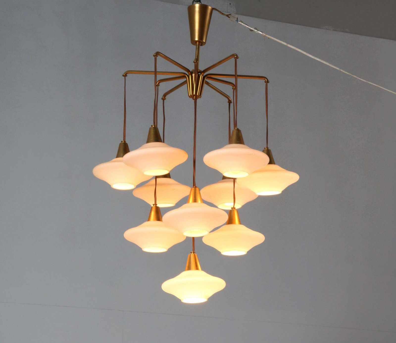 Mid Century Modern Chandelier With Ten Milk Glass Shades, 1960s photo vinterior