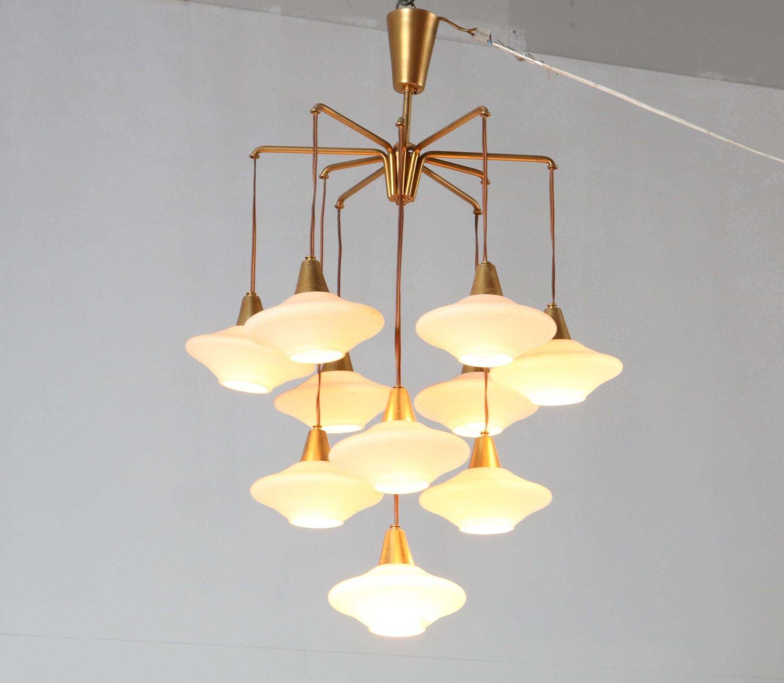 Mid Century Modern Chandelier With Ten Milk Glass Shades, 1960s photo buy