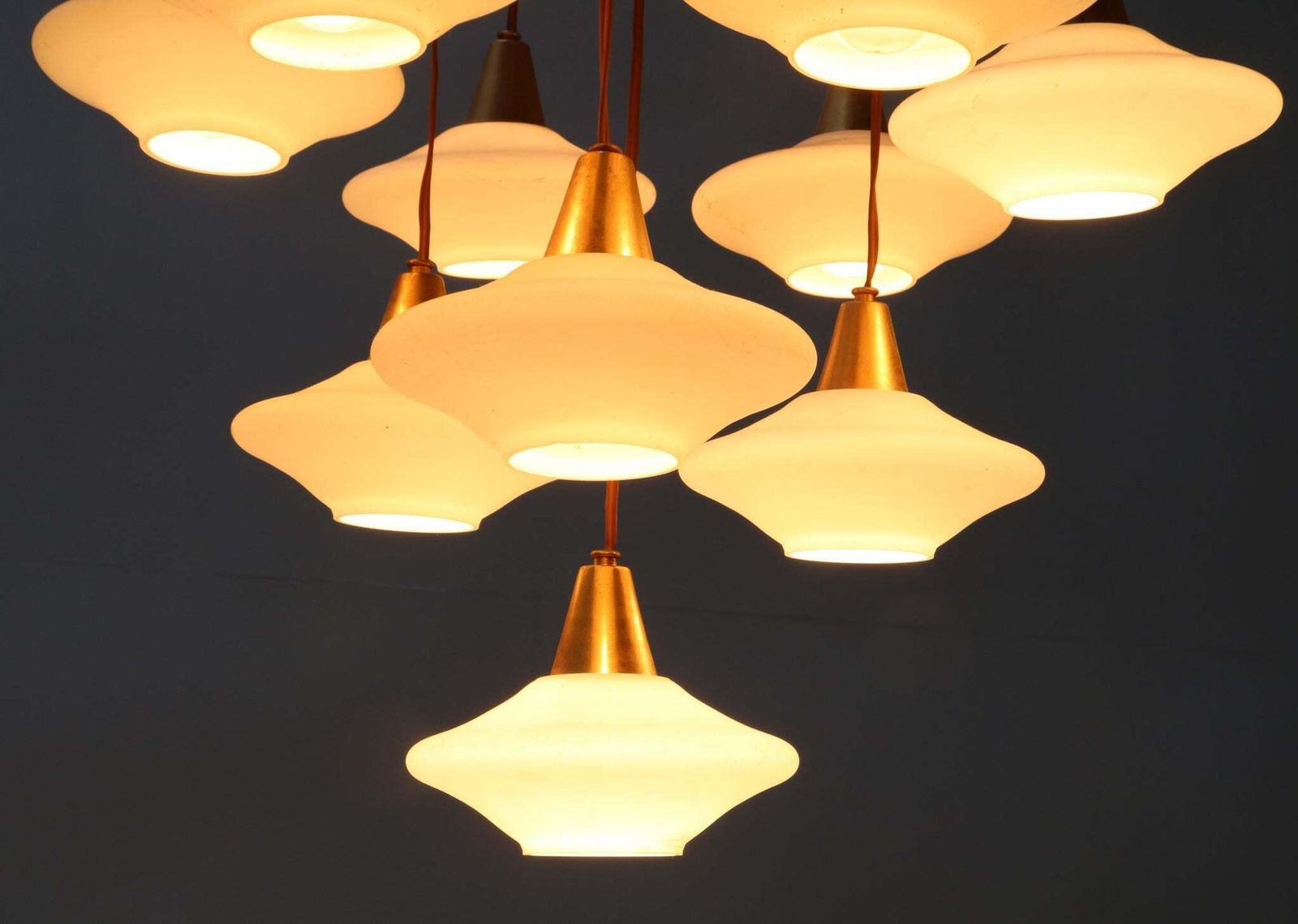 Mid Century Modern Chandelier With Ten Milk Glass Shades, 1960s photo vintage