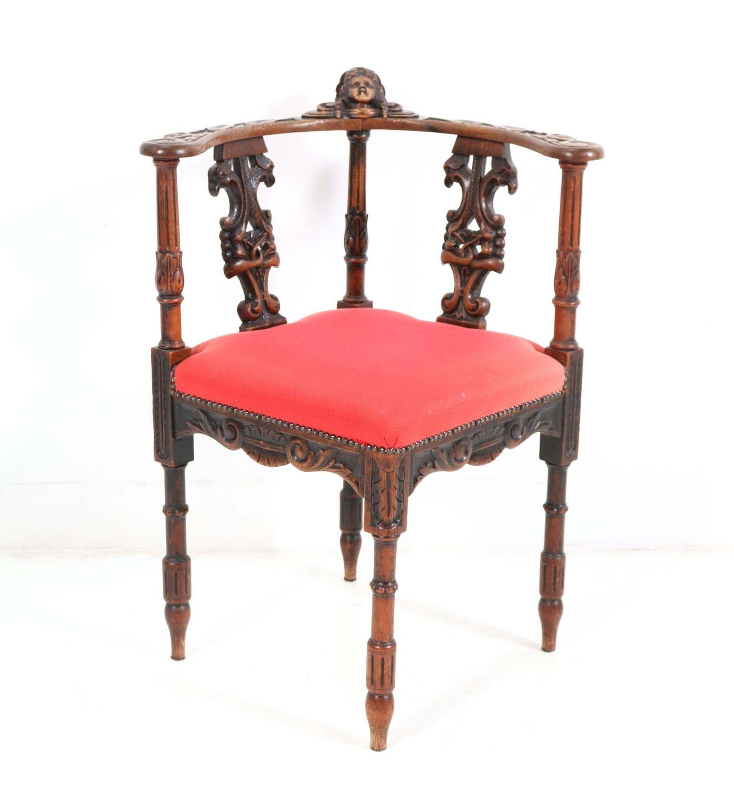 French Renaissance Revival Oak Carved Corner Armchair, 1890s photo for sale