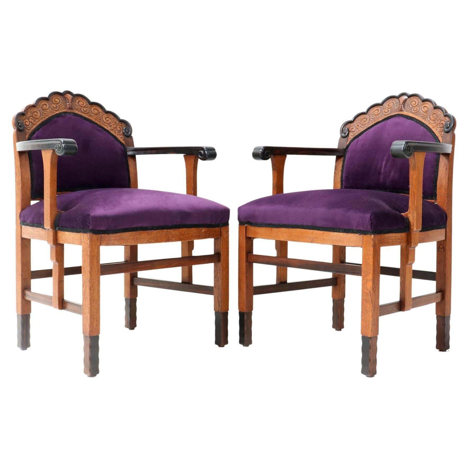 Two Oak Art Deco Amsterdamse School Armchairs, 1920s
