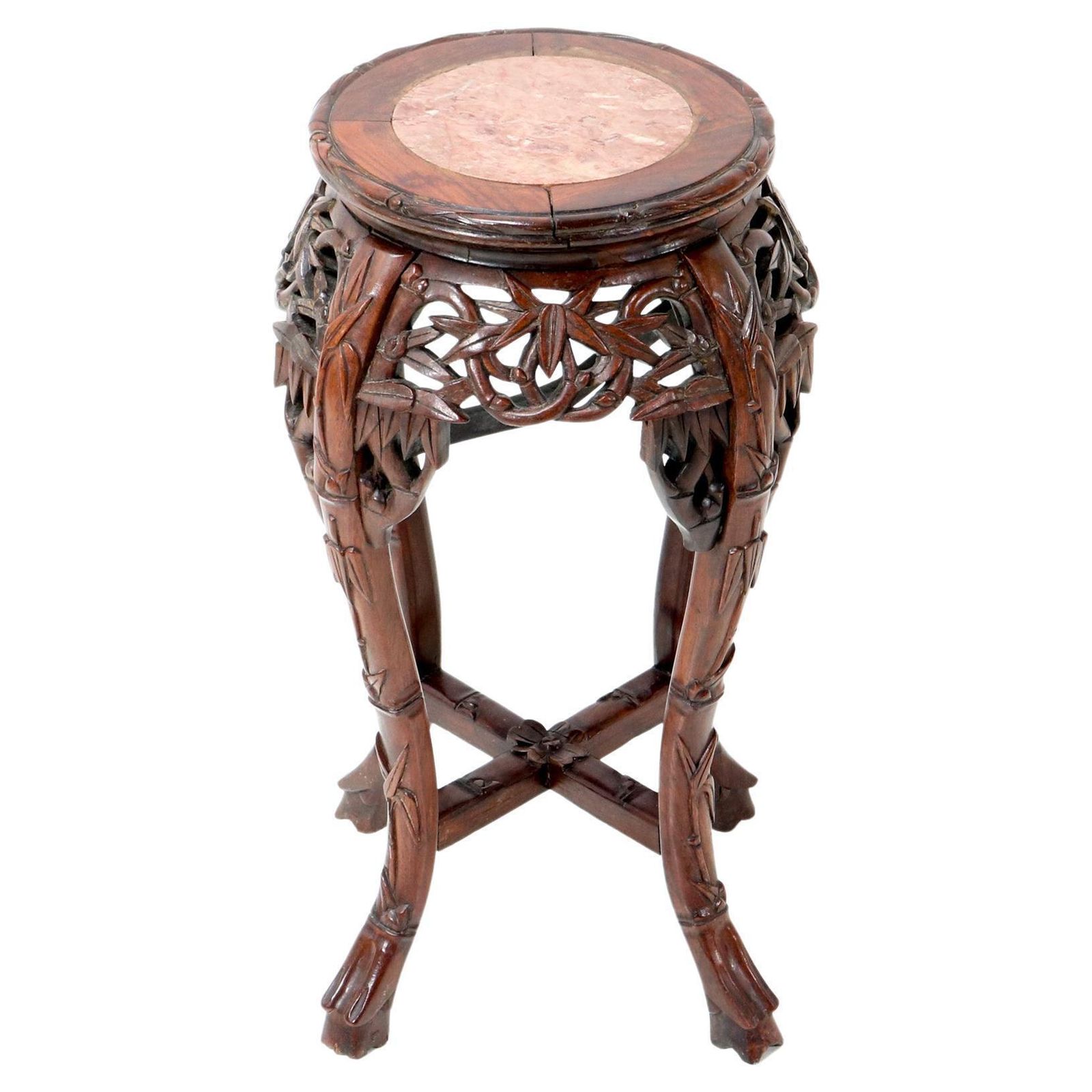 Chinese Hardwood Carved Pedestal Table With Marble Inlaid Top, 1920s