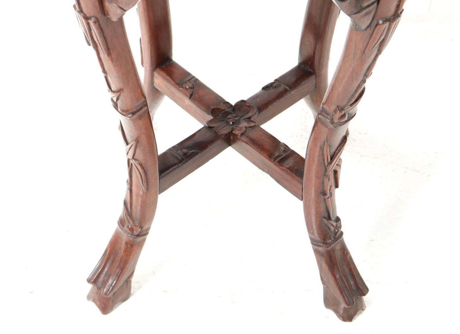 Chinese Hardwood Carved Pedestal Table With Marble Inlaid Top, 1920s photo vinterior