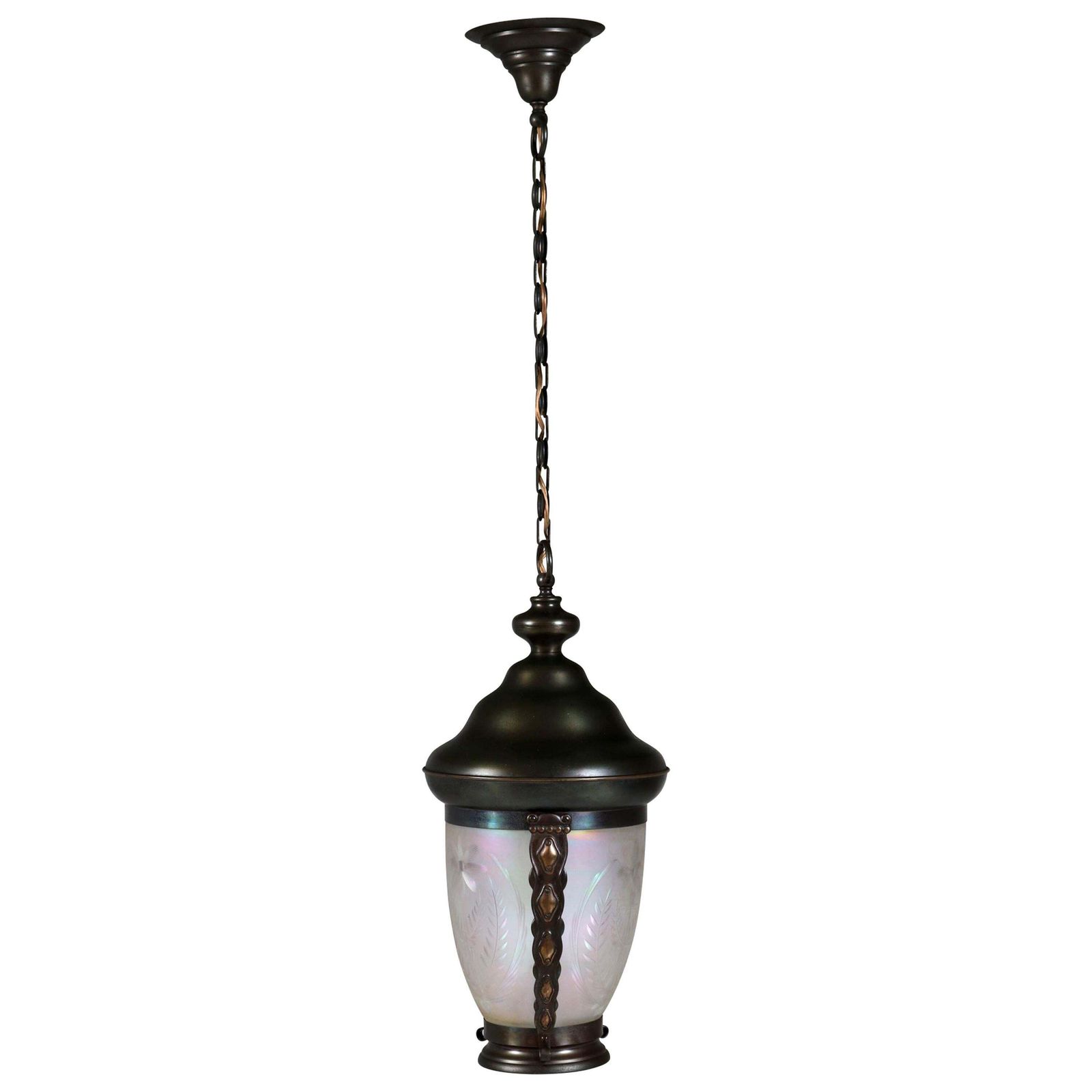 Brass Art Nouveau Lantern Or Pendant Lamp With Petrol Glass Shade, 1900s