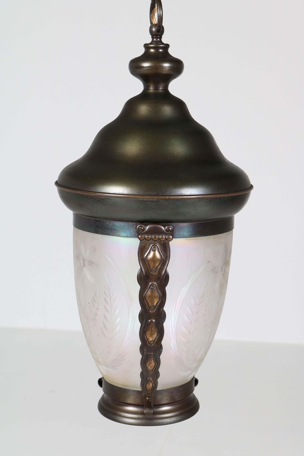 photo for sale Brass Art Nouveau Lantern Or Pendant Lamp With Petrol Glass Shade, 1900s