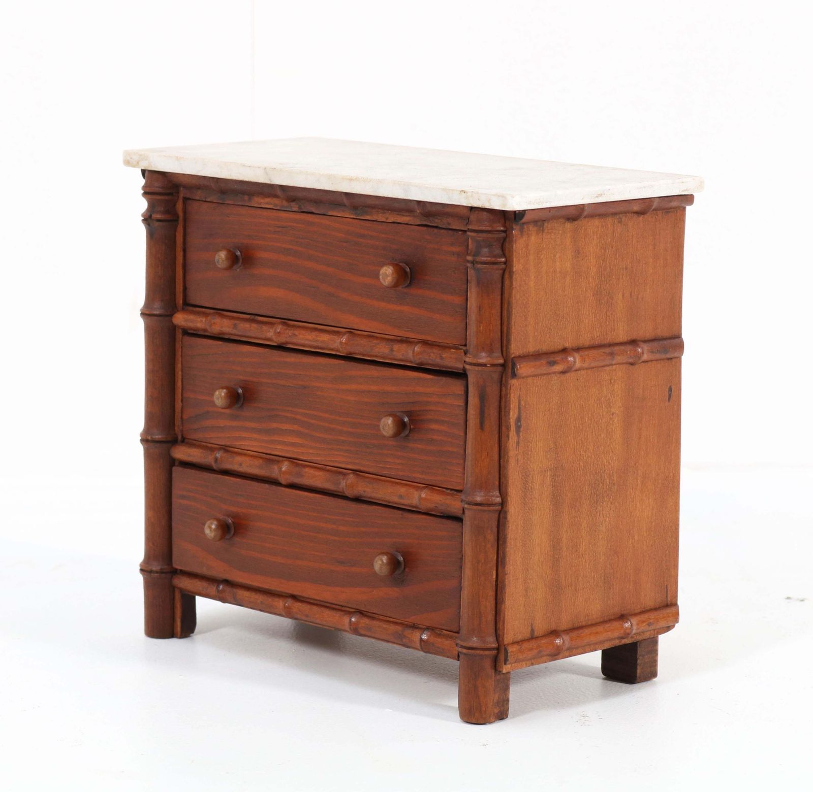 Pine French Faux Bamboo Miniature Chest Of Drawers With Marble Top, 1920s photo Furniture