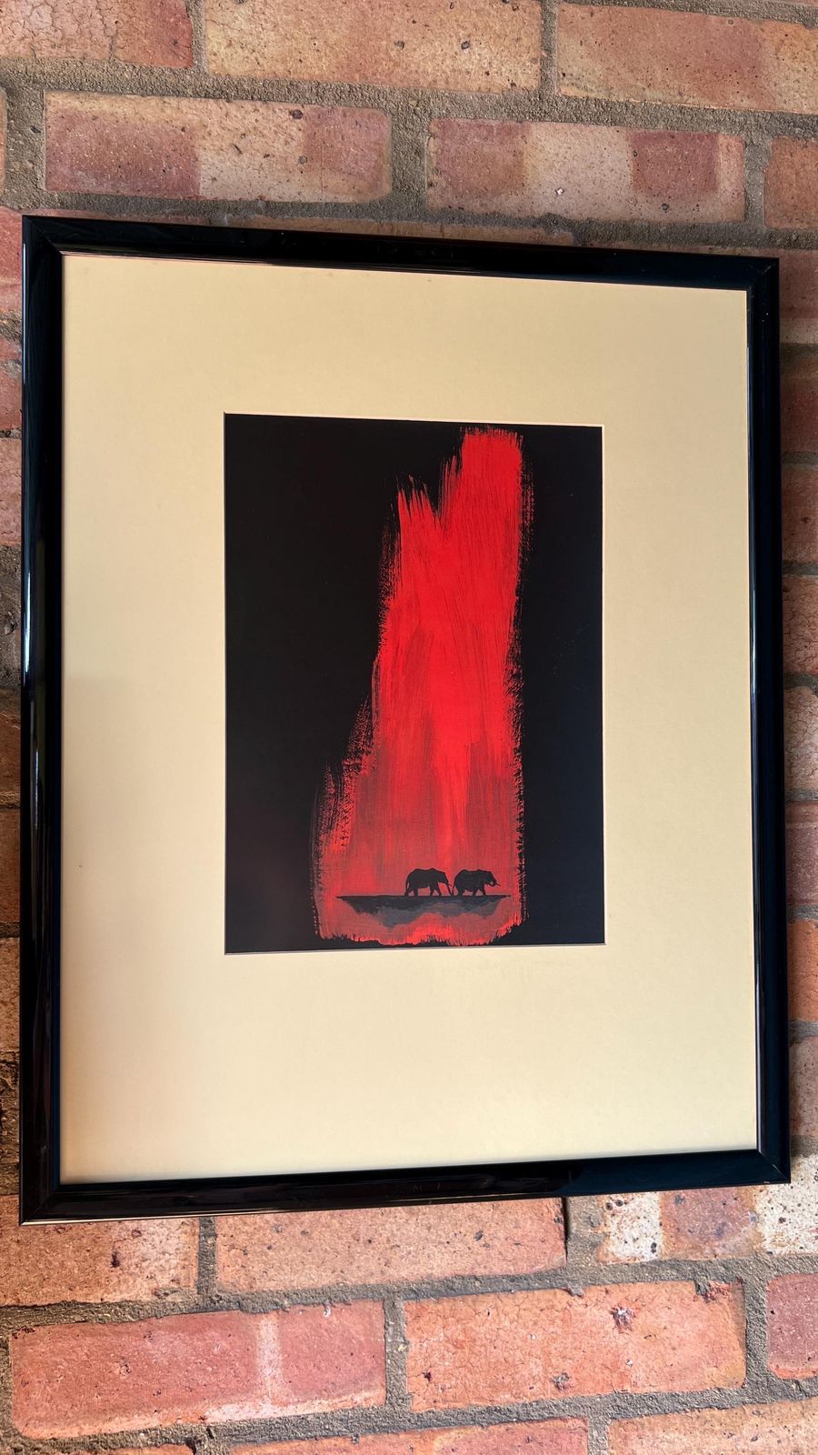Set Of Two Contemporary Fine Art Prints – Red And Black Elephant & Giraffe Scenes photo vinterior