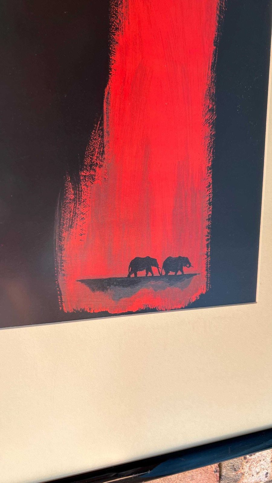 Set Of Two Contemporary Fine Art Prints – Red And Black Elephant & Giraffe Scenes photo buy