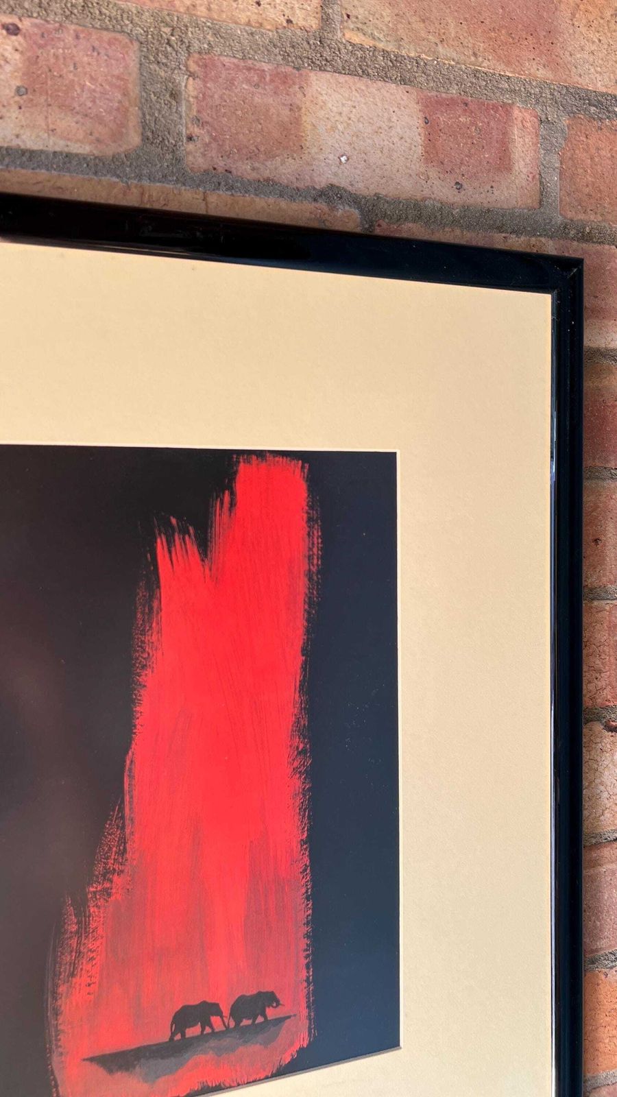 Set Of Two Contemporary Fine Art Prints – Red And Black Elephant & Giraffe Scenes photo vintage