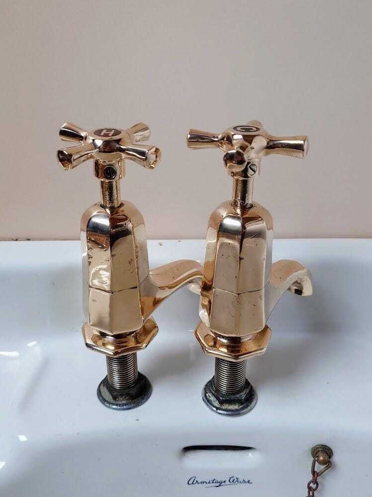Original Art Deco Basin Taps, Polished Brass Taps, Antique Sink Faucets, Antique Bathroom Sink Taps, Overhauled And Ready To Fit photo for sale