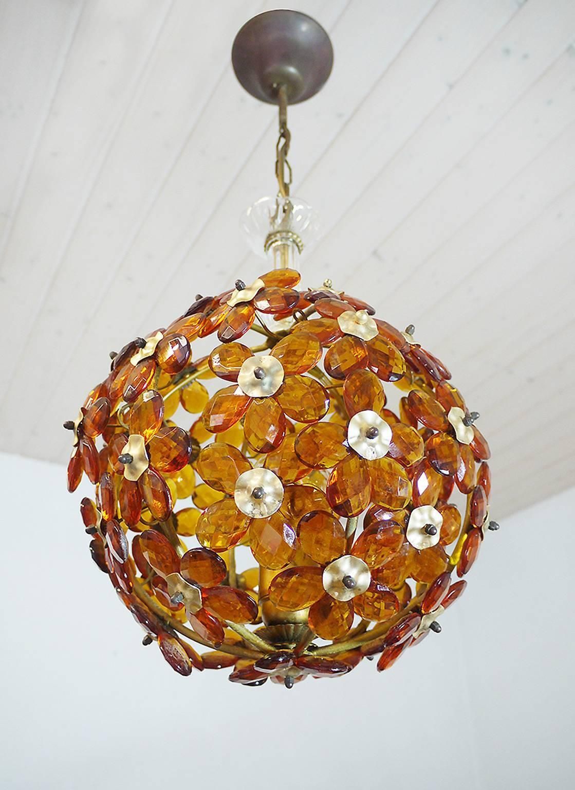 1950 France Maison Bagues Amber Chandelier Crystal Flowers & Brass photo Lighting