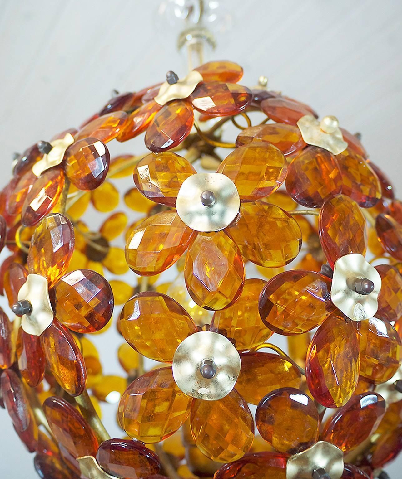 1950 France Maison Bagues Amber Chandelier Crystal Flowers & Brass photo 1469.0