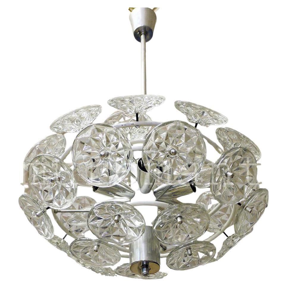 Orbit Sputnik Chandelier Glass & Chrome By Veb Lighting Hellerau, Germany 1960s