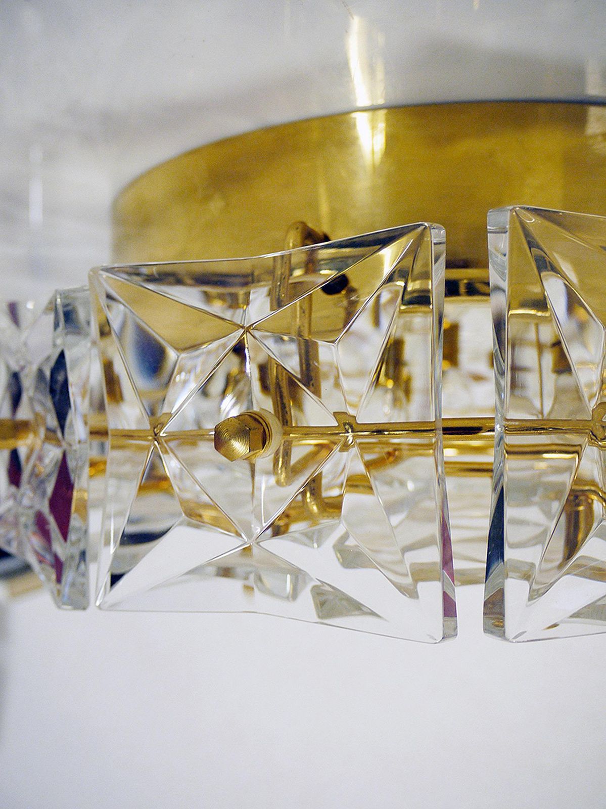1960 Germany Kinkeldey Large Flush Mount Chandelier Gold Plated Brass & Crystal photo Lighting