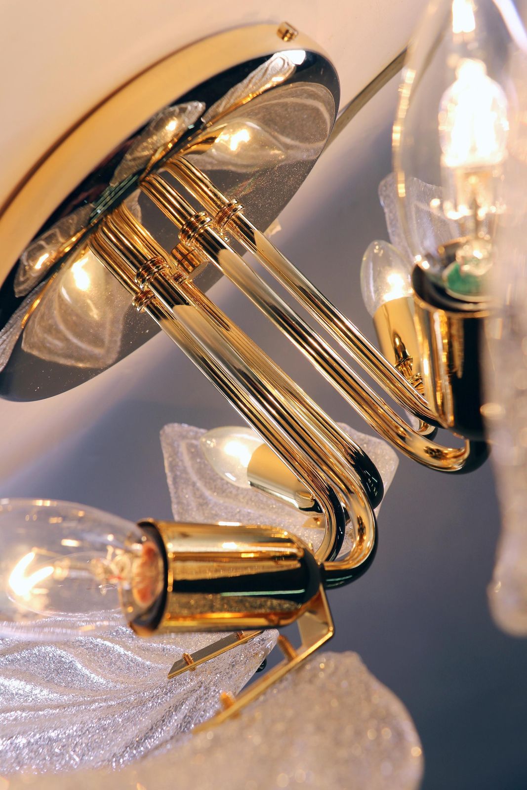 1 'Of 2' Leaf Flush Mount Chandelier Murano Glass & Brass By Novaresi Italy 1970 photo for sale
