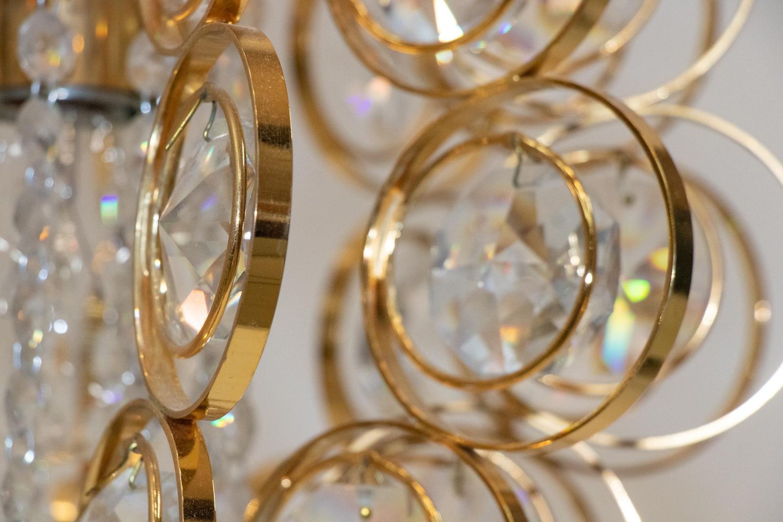 photo furniture 1960 Germany Palwa Orbit Chandelier Crystal & Gilt Brass By Gaetano Sciolari