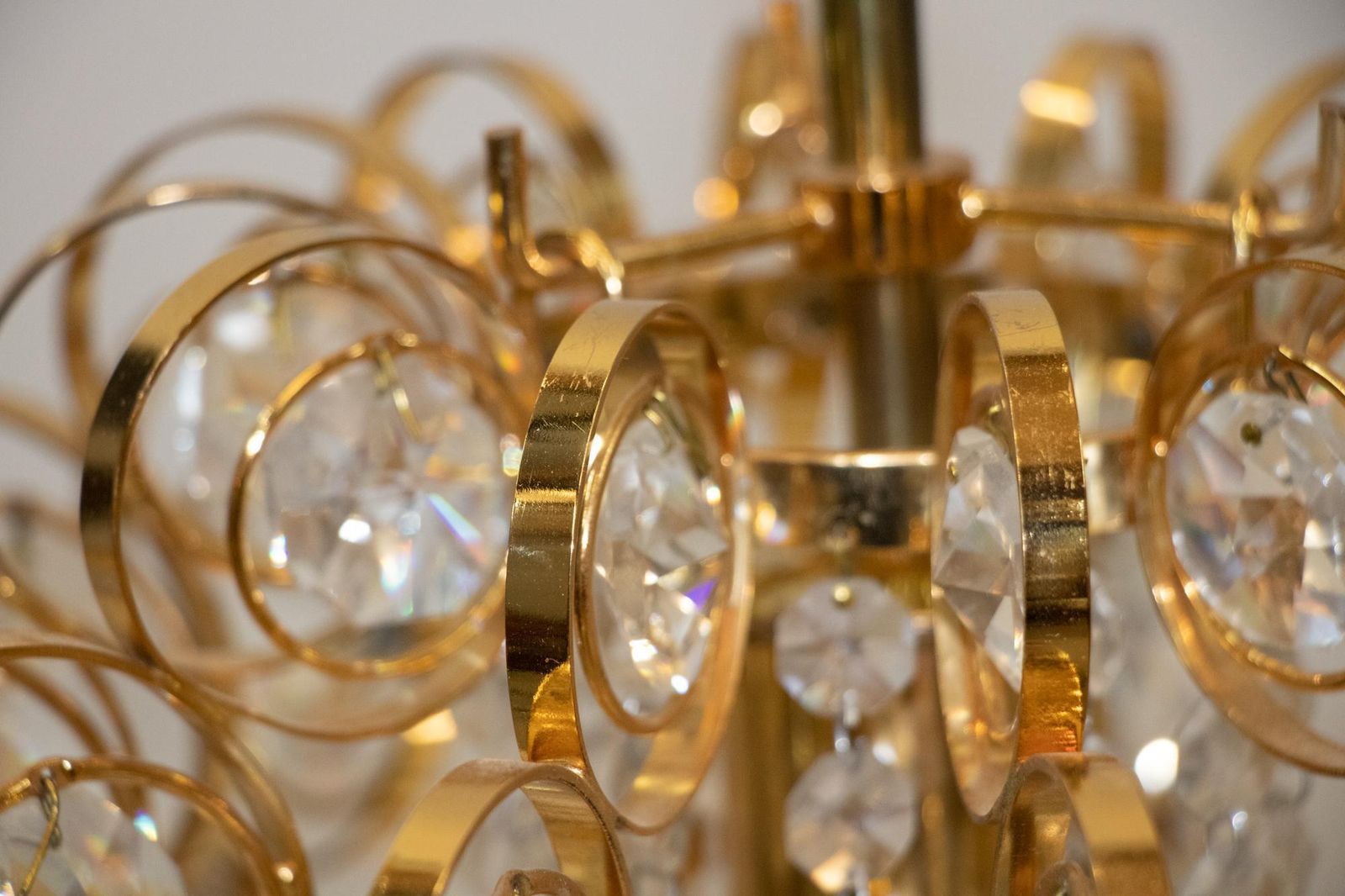photo for sale 1960 Germany Palwa Orbit Chandelier Crystal & Gilt Brass By Gaetano Sciolari