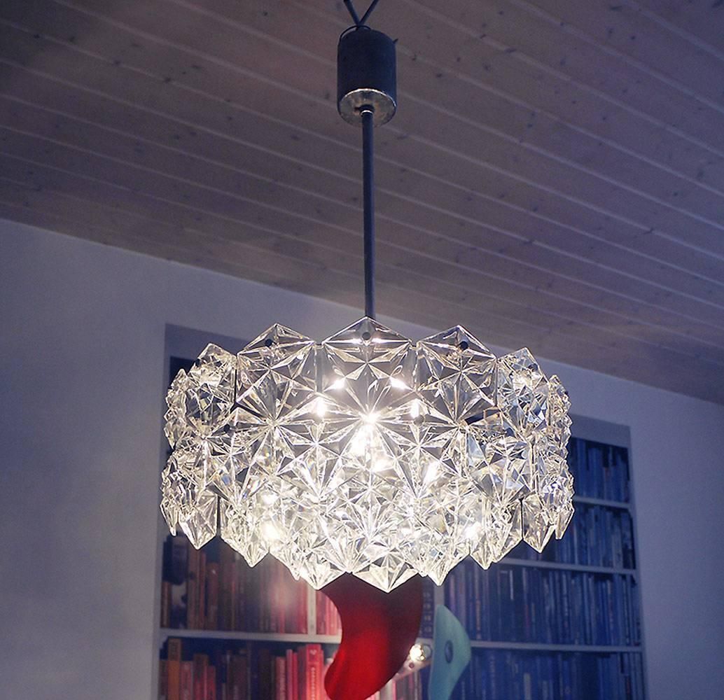 Starburst 18" Kinkeldey Chandelier Crystals & Chromed Brass, Germany 1960s photo Lighting