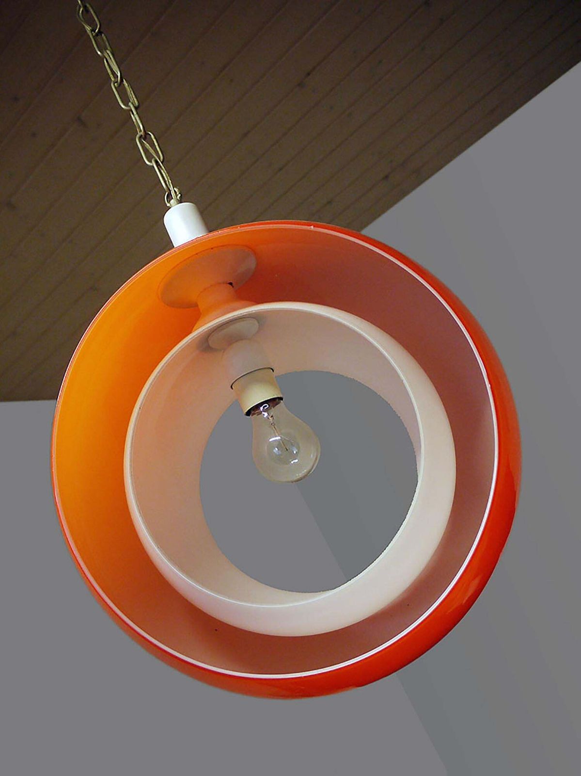 Murano Moon Pendant Lamp Orange & White Glass By Carlo Nason For Mazzega 1960s photo for sale