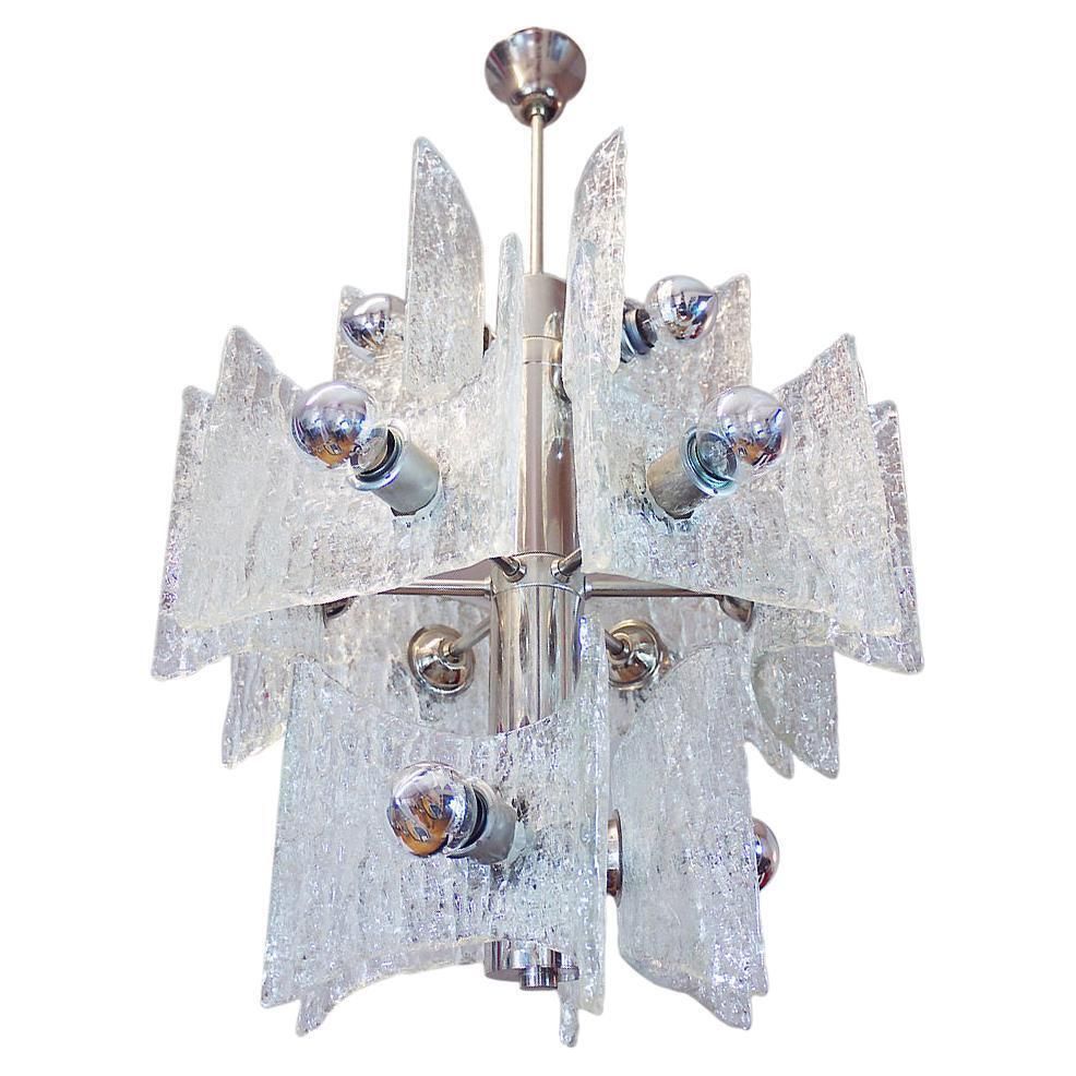 Frosted Murano Chandelier Glass & Chrome By Kaiser, Germany 1960s