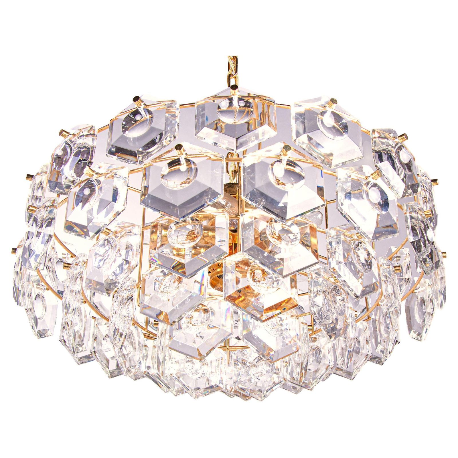 Gold Plated Kinkeldey Lens Chandelier Crystal & Brass, Germany, 1960s