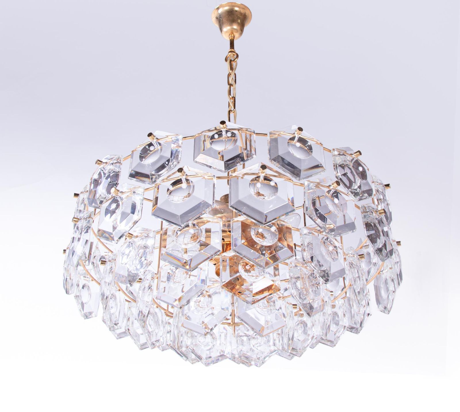 photo furniture Gold Plated Kinkeldey Lens Chandelier Crystal & Brass, Germany, 1960s