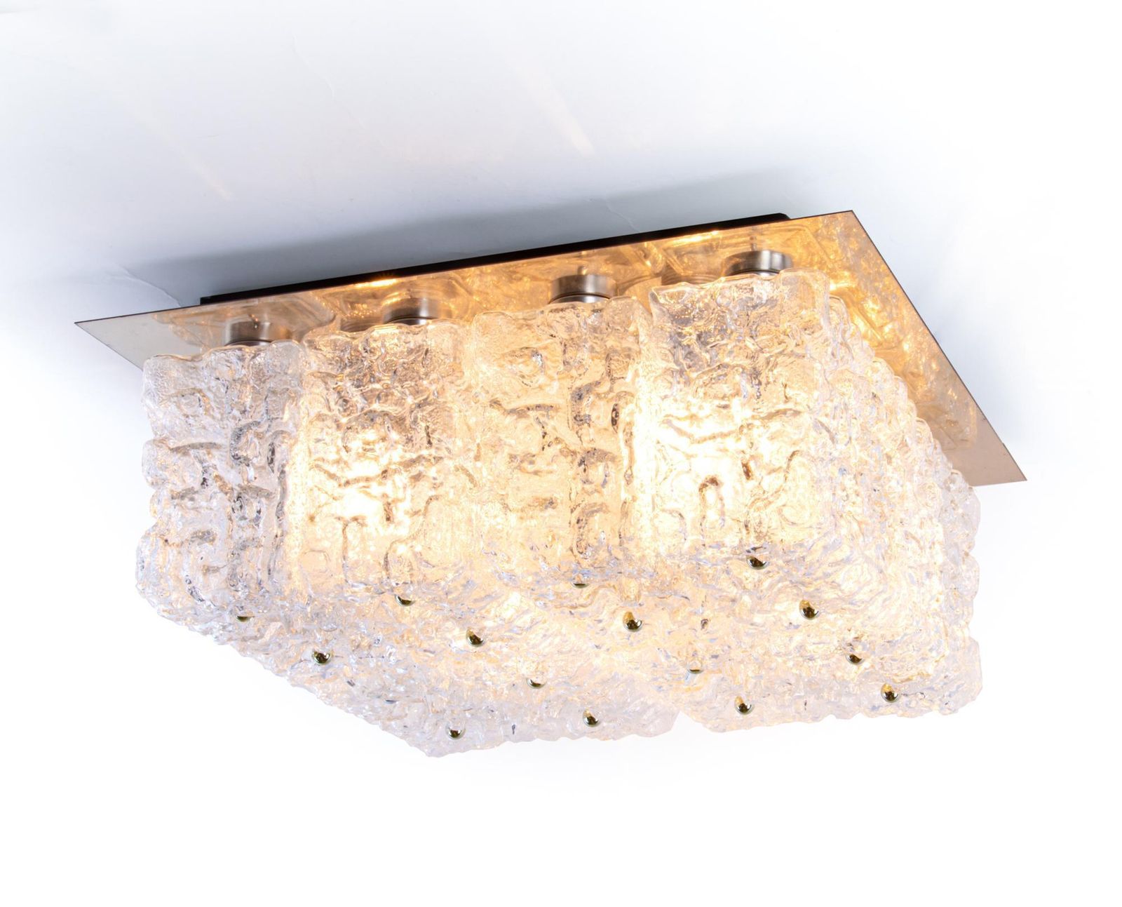 1 'Of 2' 1960 Germany Limburg Large Square Flush Mount Glass & Brass Chandelier photo for sale
