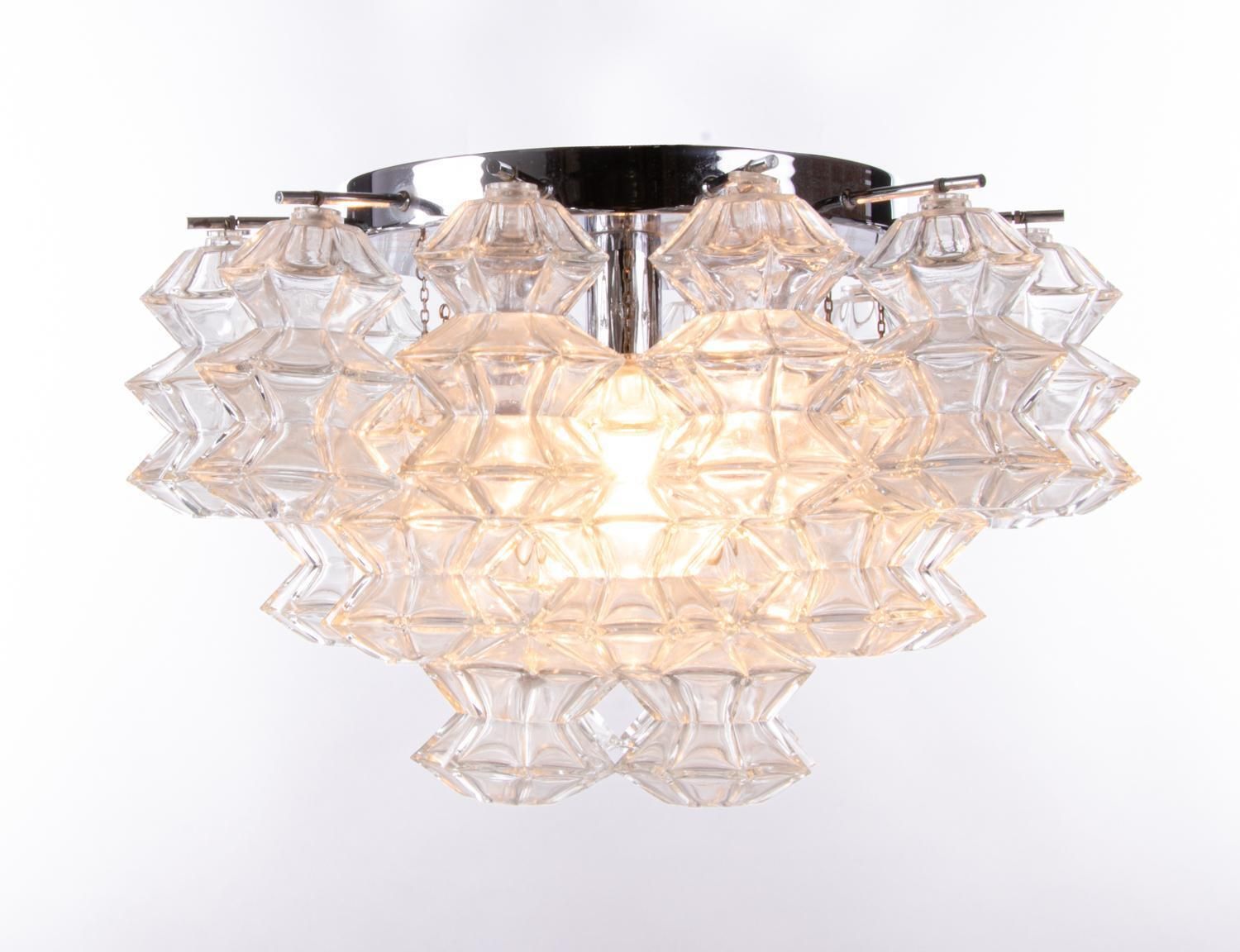 J.T. Kalmar Pagoda Flush Mount Chandelier Glass & Chrome, Austria, Vienna, 1960s photo Lighting