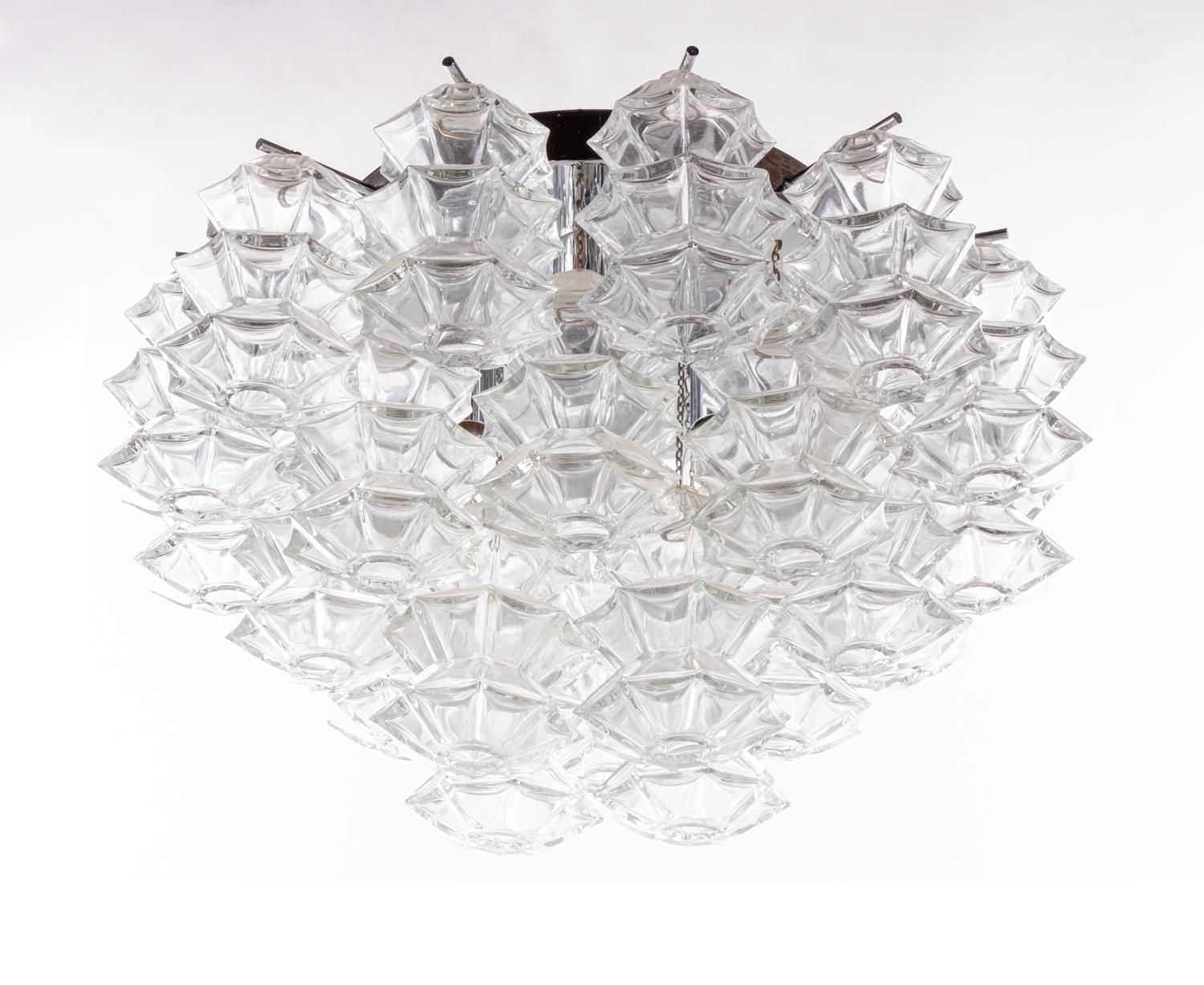 J.T. Kalmar Pagoda Flush Mount Chandelier Glass & Chrome, Austria, Vienna, 1960s photo vinterior