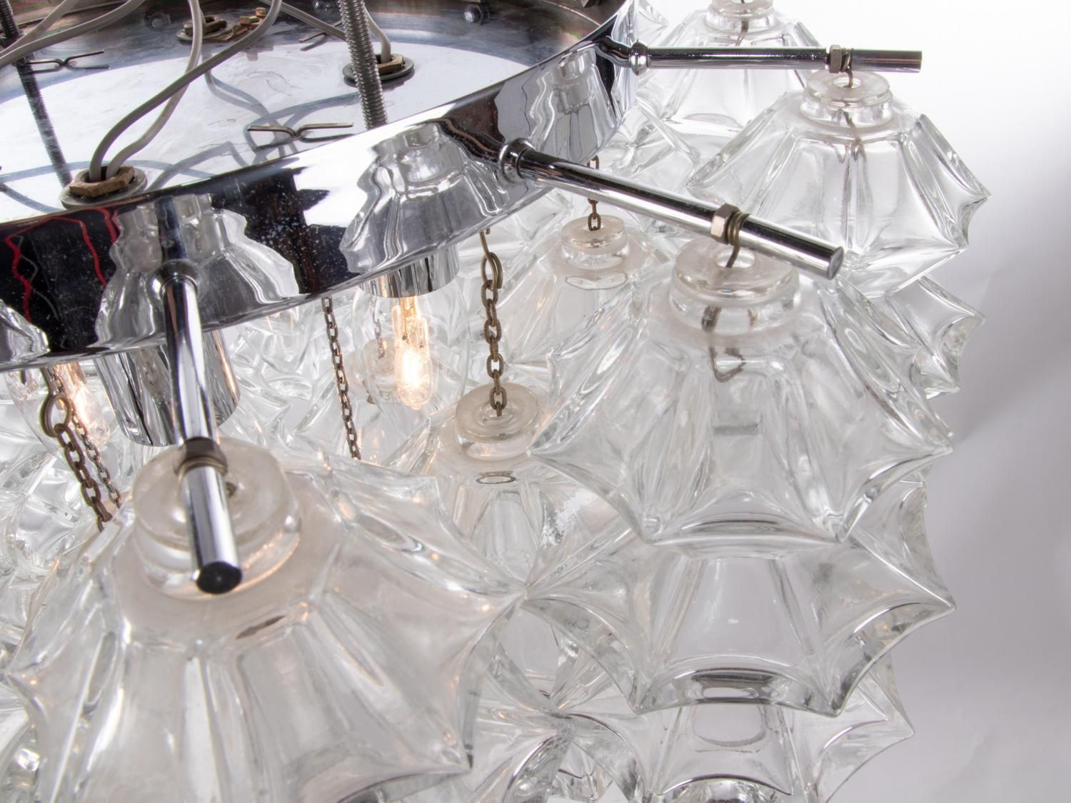 photo furniture J.T. Kalmar Pagoda Flush Mount Chandelier Glass & Chrome, Austria, Vienna, 1960s