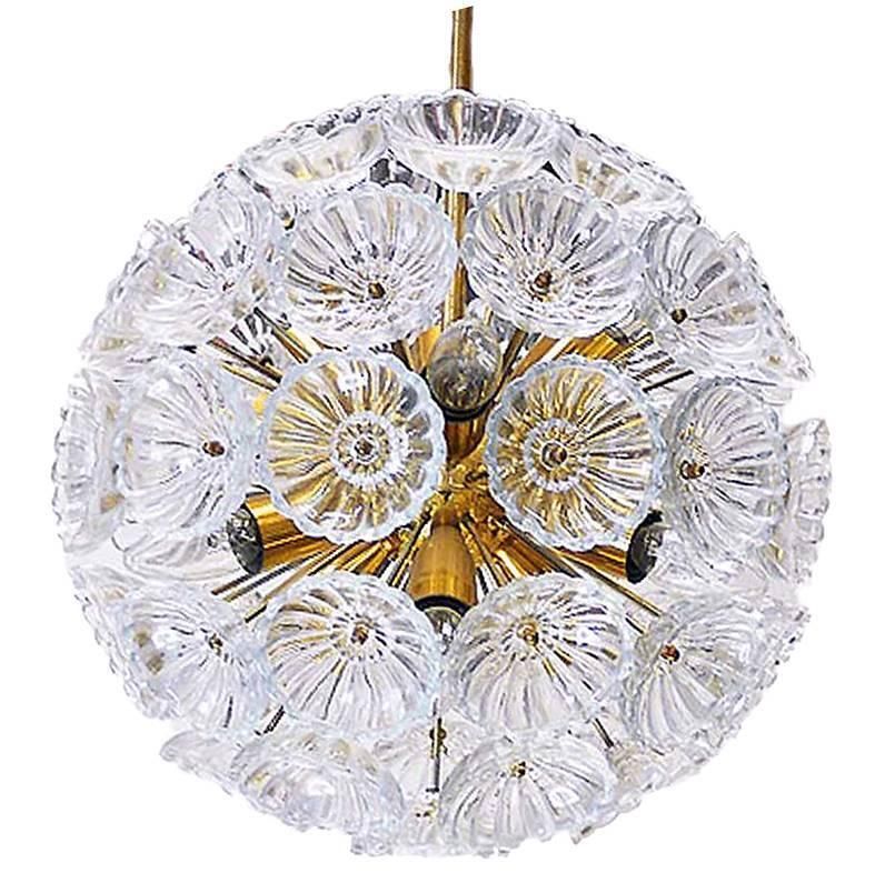 1960 Germany Veb Sputnik 'Dandelion' Chandelier Glass Flowers & Brass