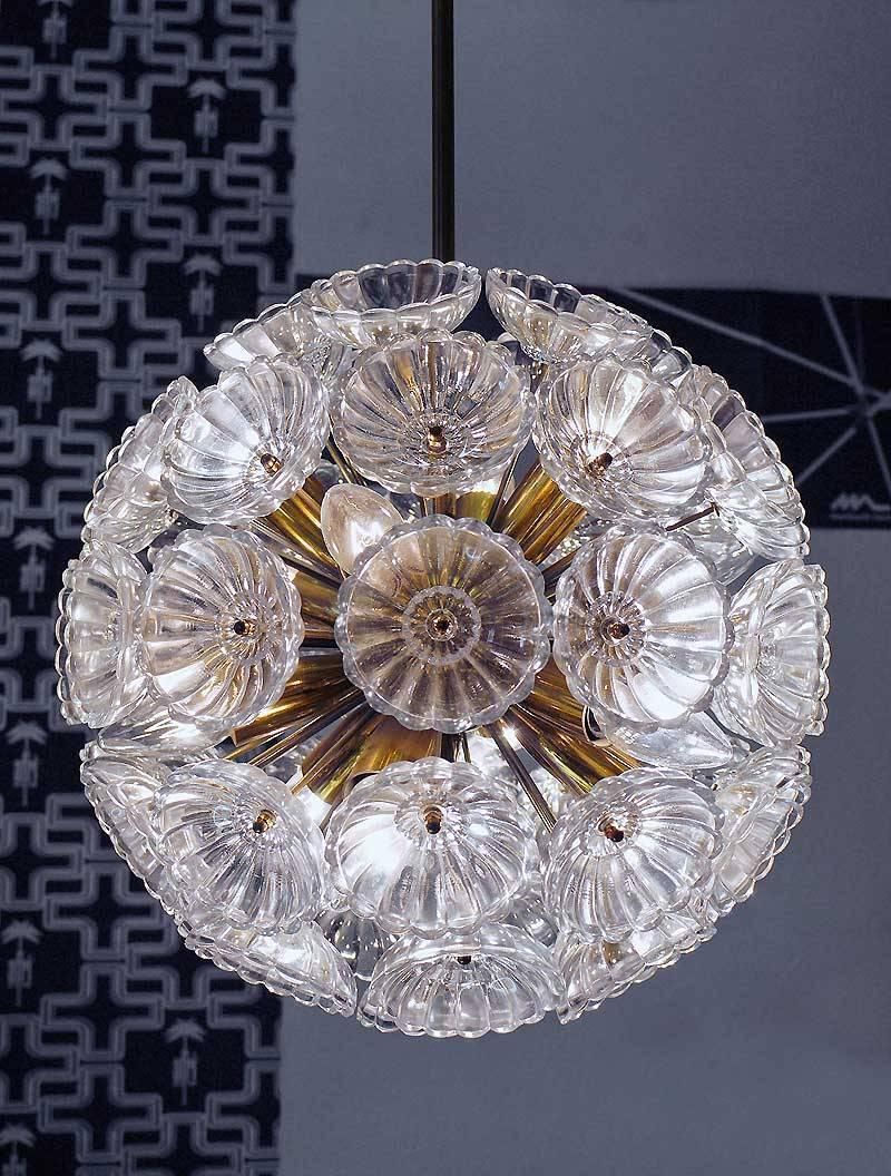 1960 Germany Veb Sputnik 'Dandelion' Chandelier Glass Flowers & Brass photo for sale