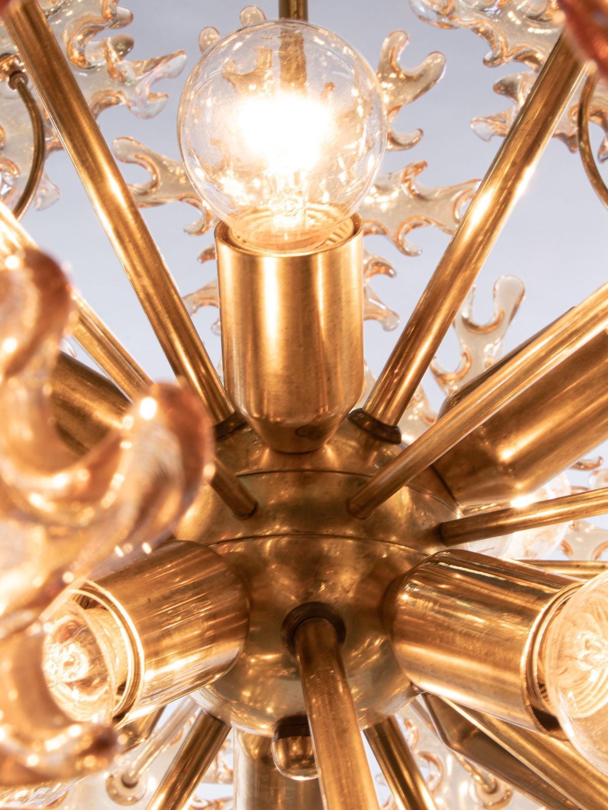 Starburst 22“ Amber Murano Chandelier Iridescent Glass & Brass, Sische 1960s photo 2976.0