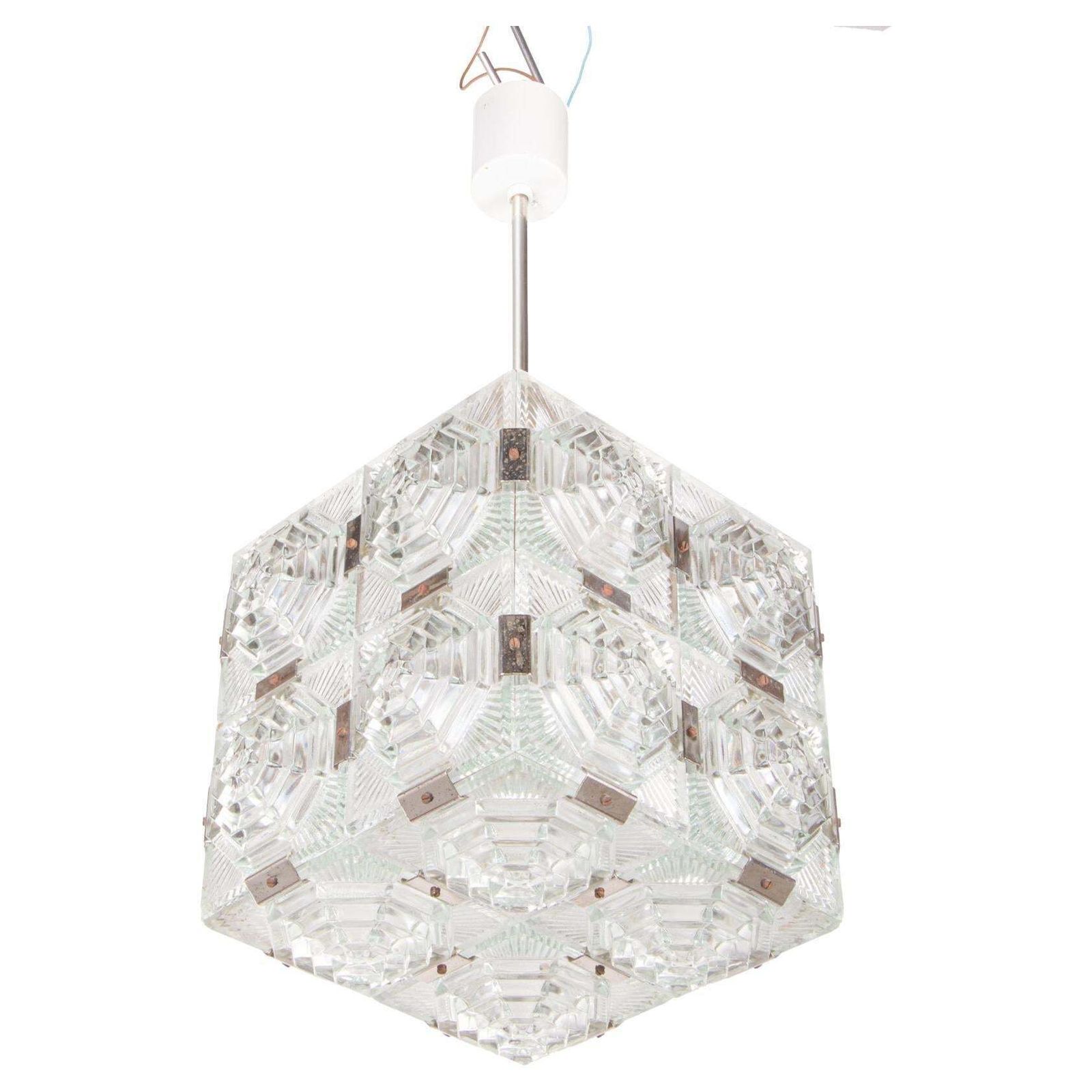 1960 Kamenicky Senov Bohemian Ceiling Light Glass Cube Chandelier photo furniture