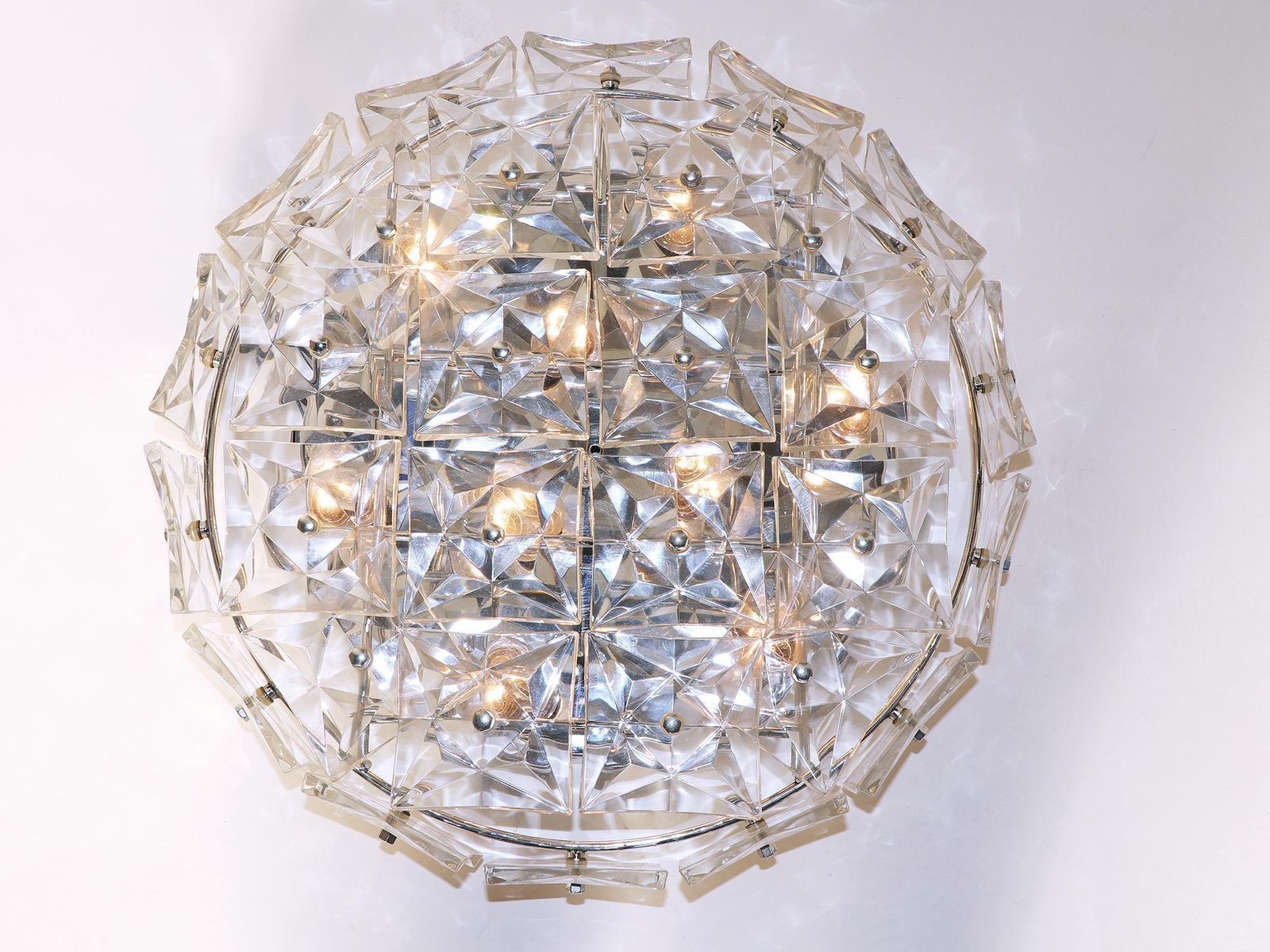 1 'Of 2' Large Flush Mount Chandelier Crystal & Chrome By Kinkeldey Germany 1960 photo for sale