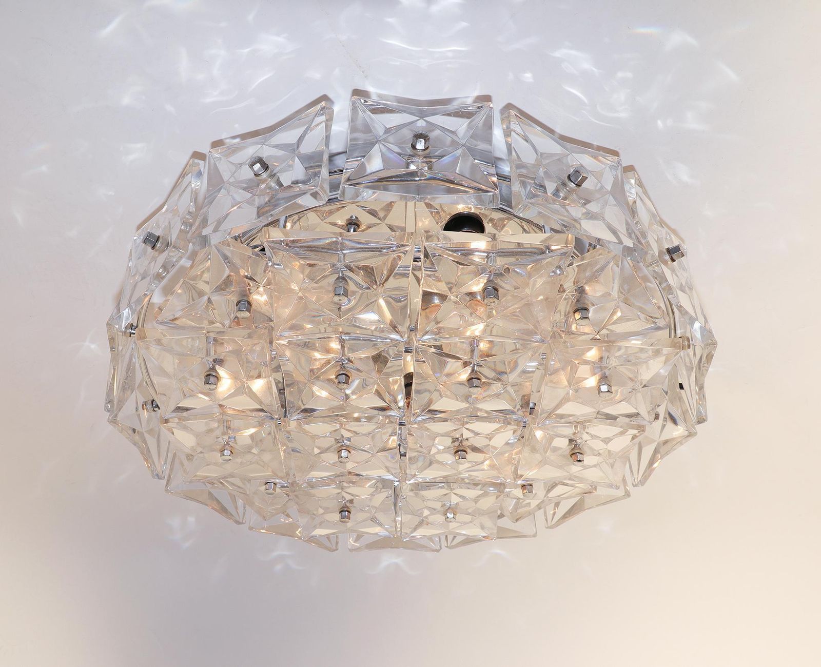 1 'Of 2' Large Flush Mount Chandelier Crystal & Chrome By Kinkeldey Germany 1960 photo Lighting