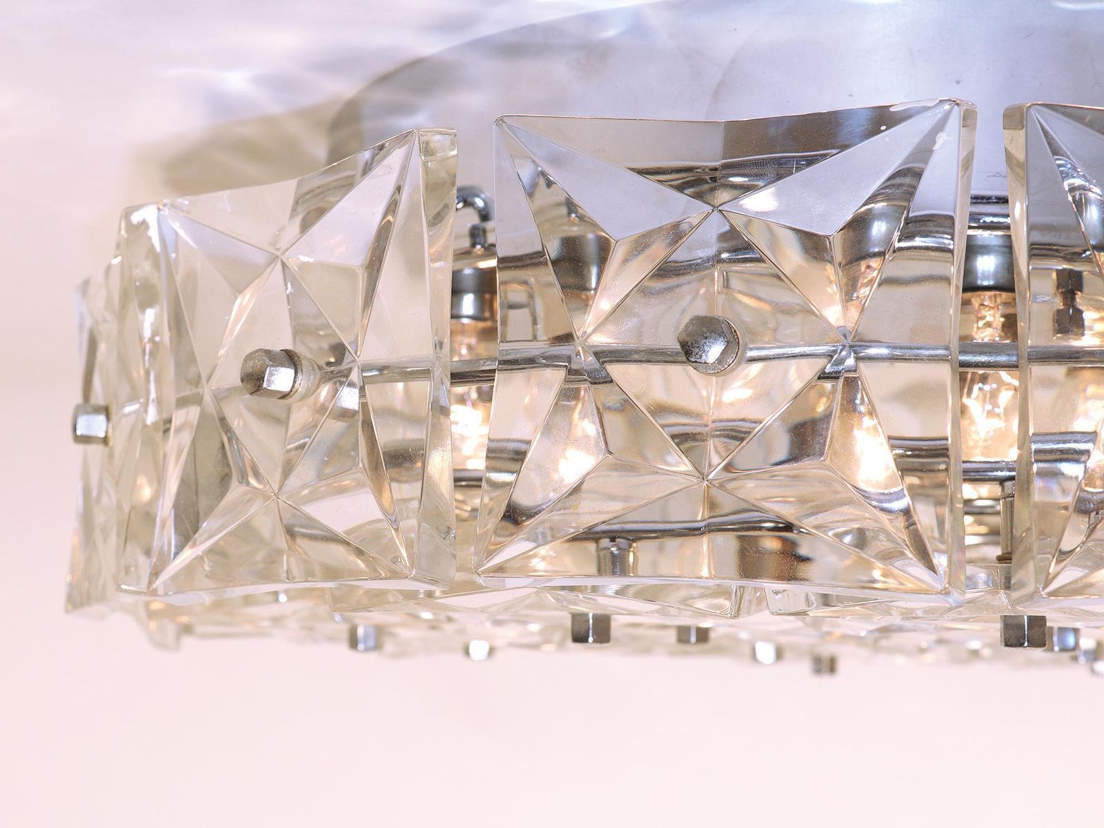 1 'Of 2' Large Flush Mount Chandelier Crystal & Chrome By Kinkeldey Germany 1960 photo 1770.0