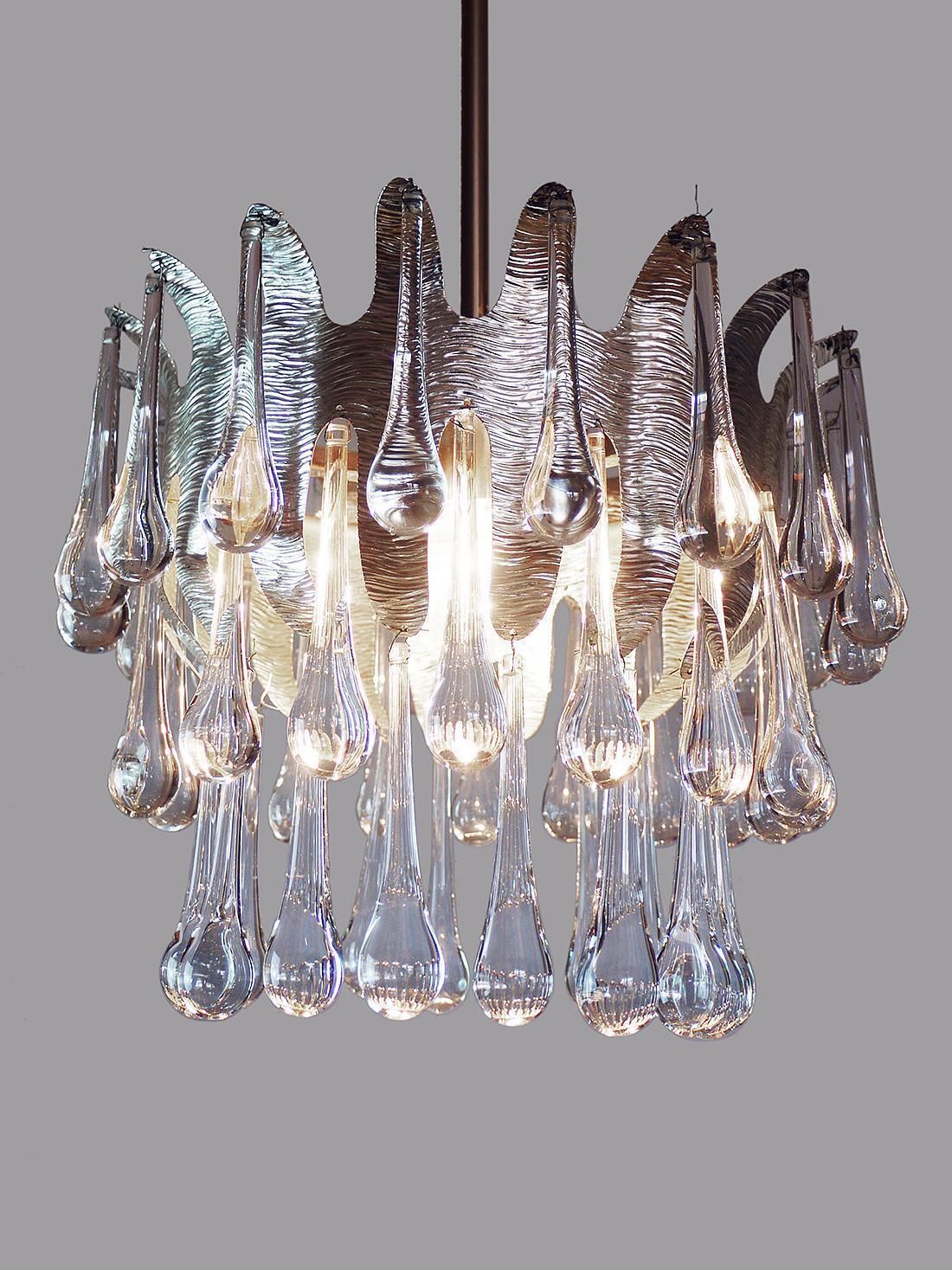 1970 Germany Palwa Tear Drop Chandelier Murano Glass And Silver Brass photo Lighting