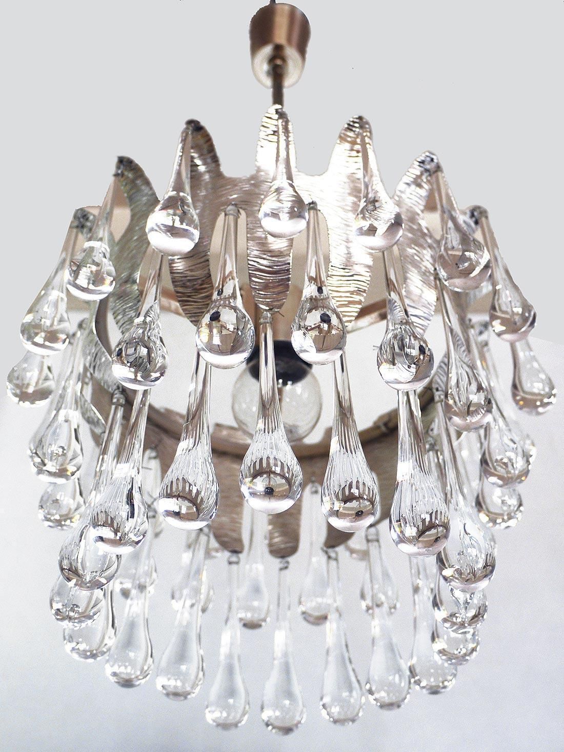 1970 Germany Palwa Tear Drop Chandelier Murano Glass And Silver Brass photo vintage