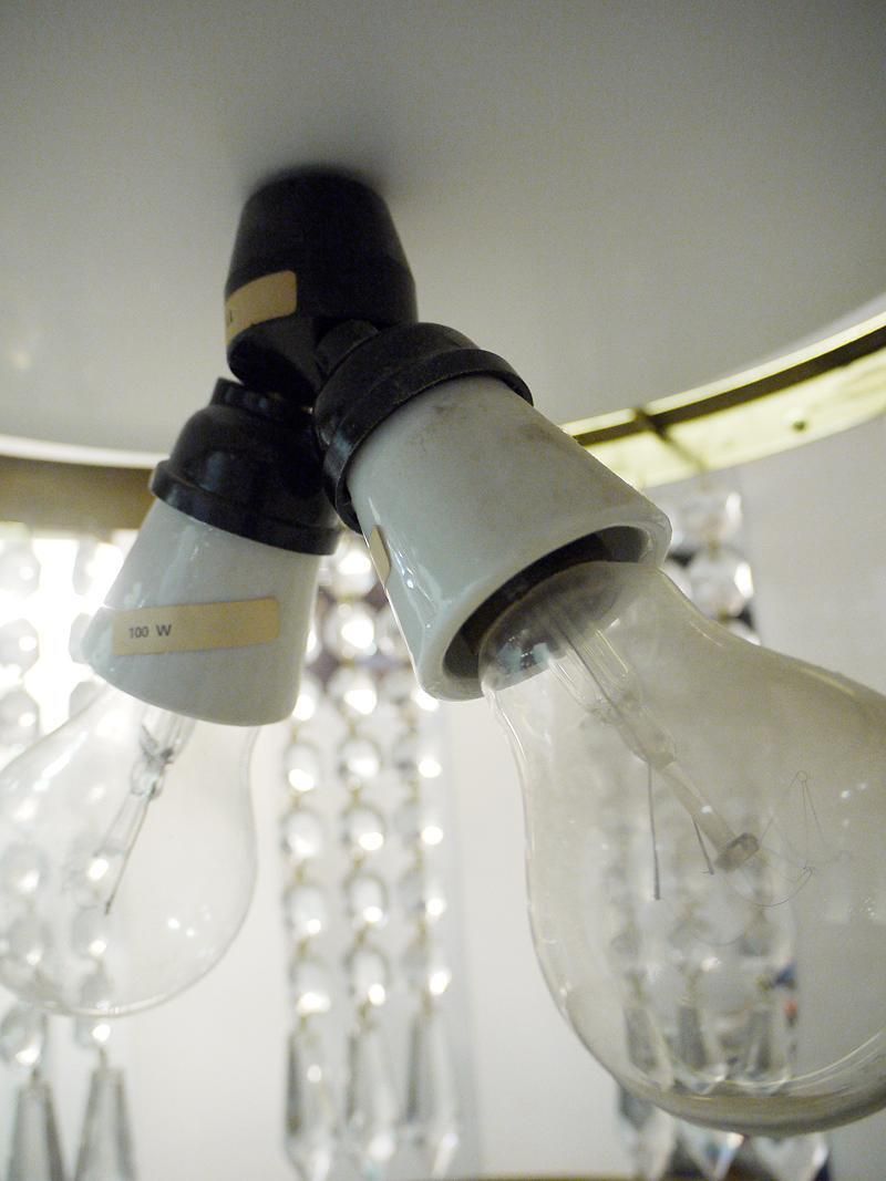 photo for sale 1960s Drum Chandelier Crystal, Brass And White Lucite In The Manner Of Stilnovo